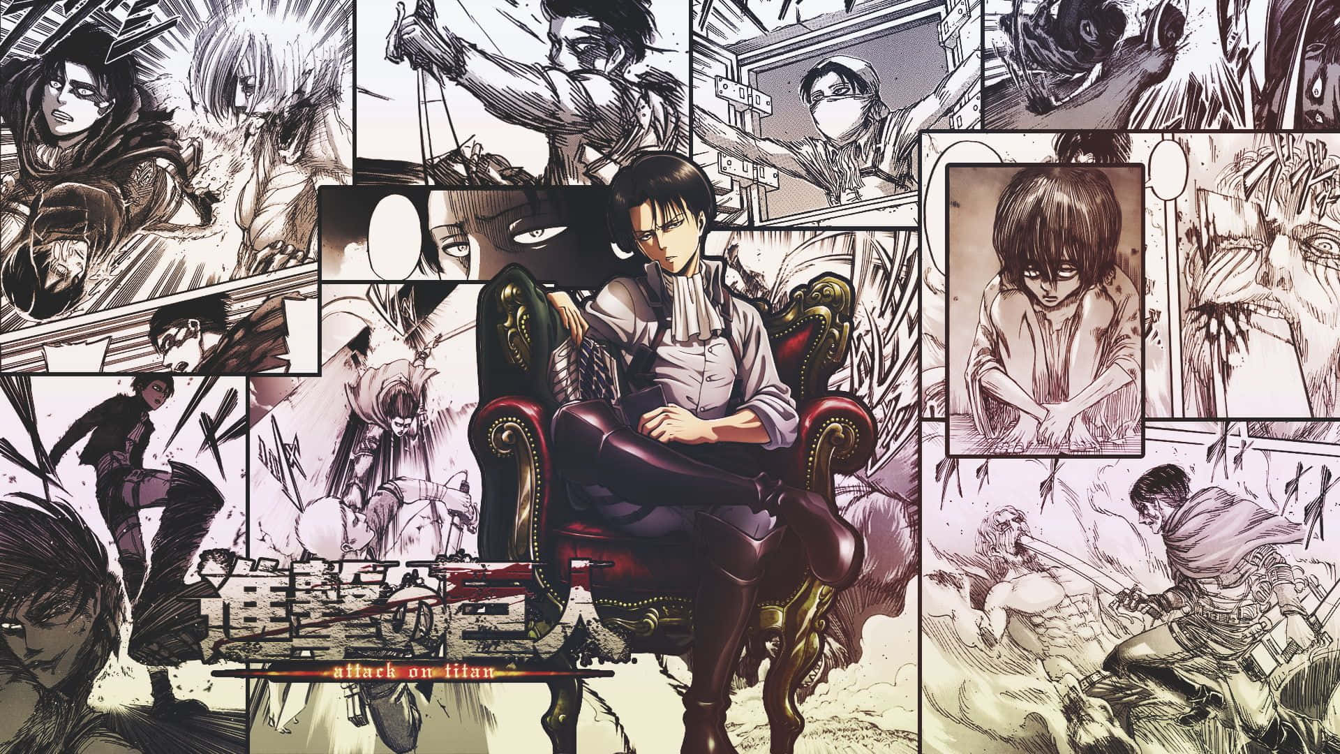 Manga Series 桌布 壁紙 — 一個中心動漫角色靜靜地坐在紅色椅子上，周圍是充滿動作和強烈表情的動態漫畫面板。