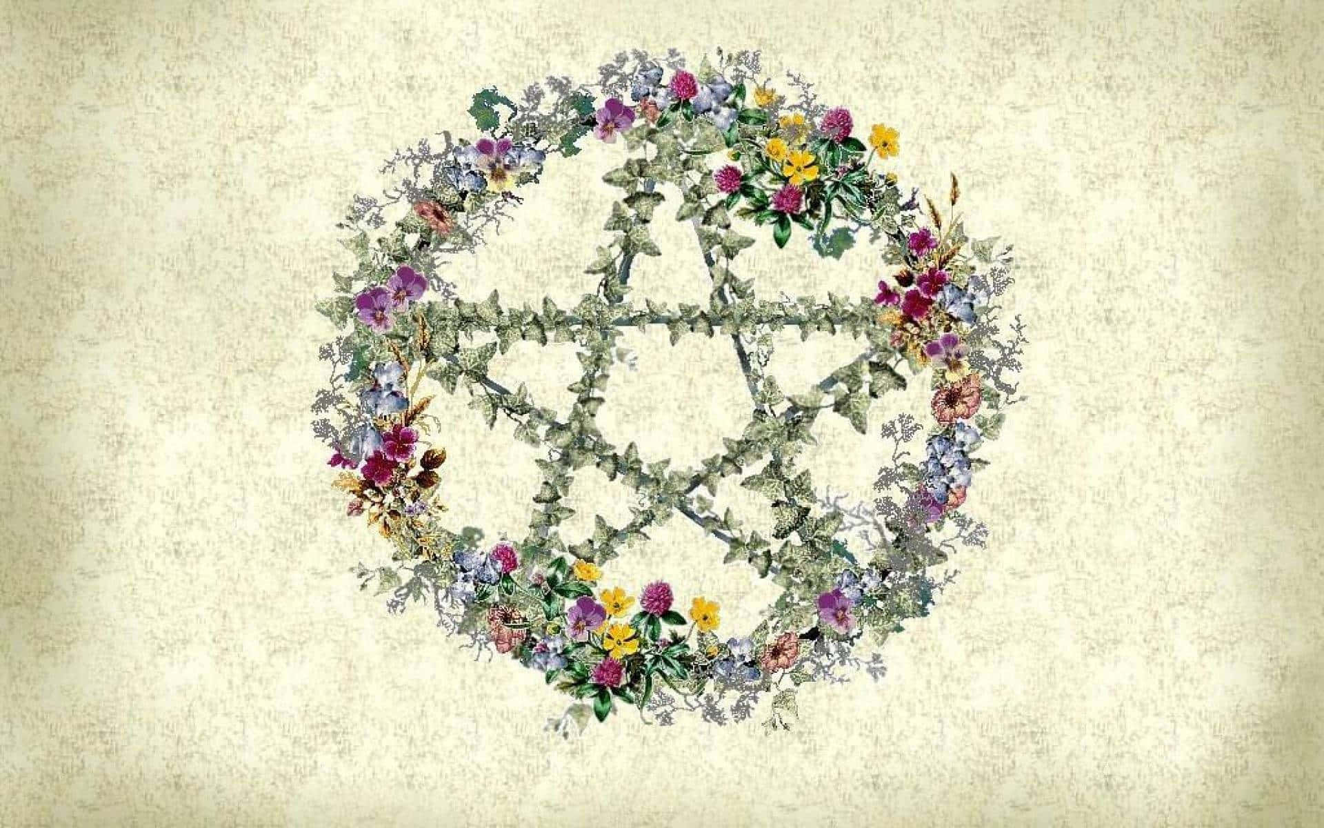 Pagan 桌布 壁紙 — 一個五角星符號，以色彩繽紛的野花和綠葉精緻編織而成，背景為帶有紋理的羊皮紙。