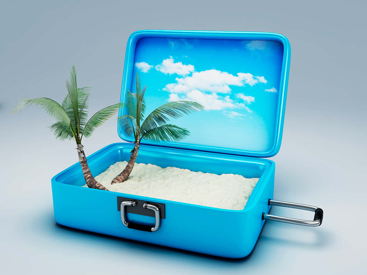 3d Travel 桌布 壁紙 — 一個亮藍色的行李箱打開，露出一個微型熱帶海灘，有兩棵棕櫚樹和白色沙灘，天空中有蓬鬆的雲朵。