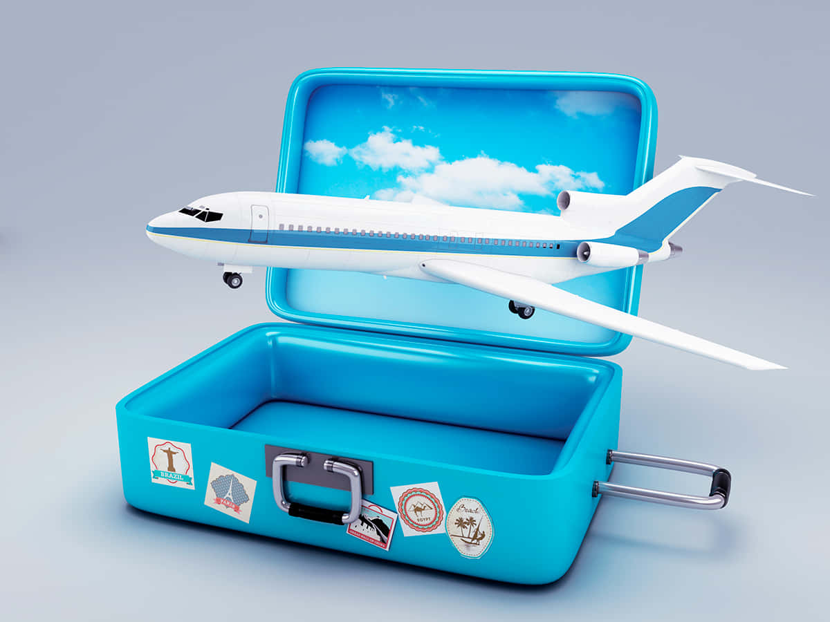 3d Travel 桌布 壁紙 — 一個亮藍色的行李箱貼有旅行貼紙，裡面有一個白色飛機模型懸浮在打開的蓋子上方，背景是天空。