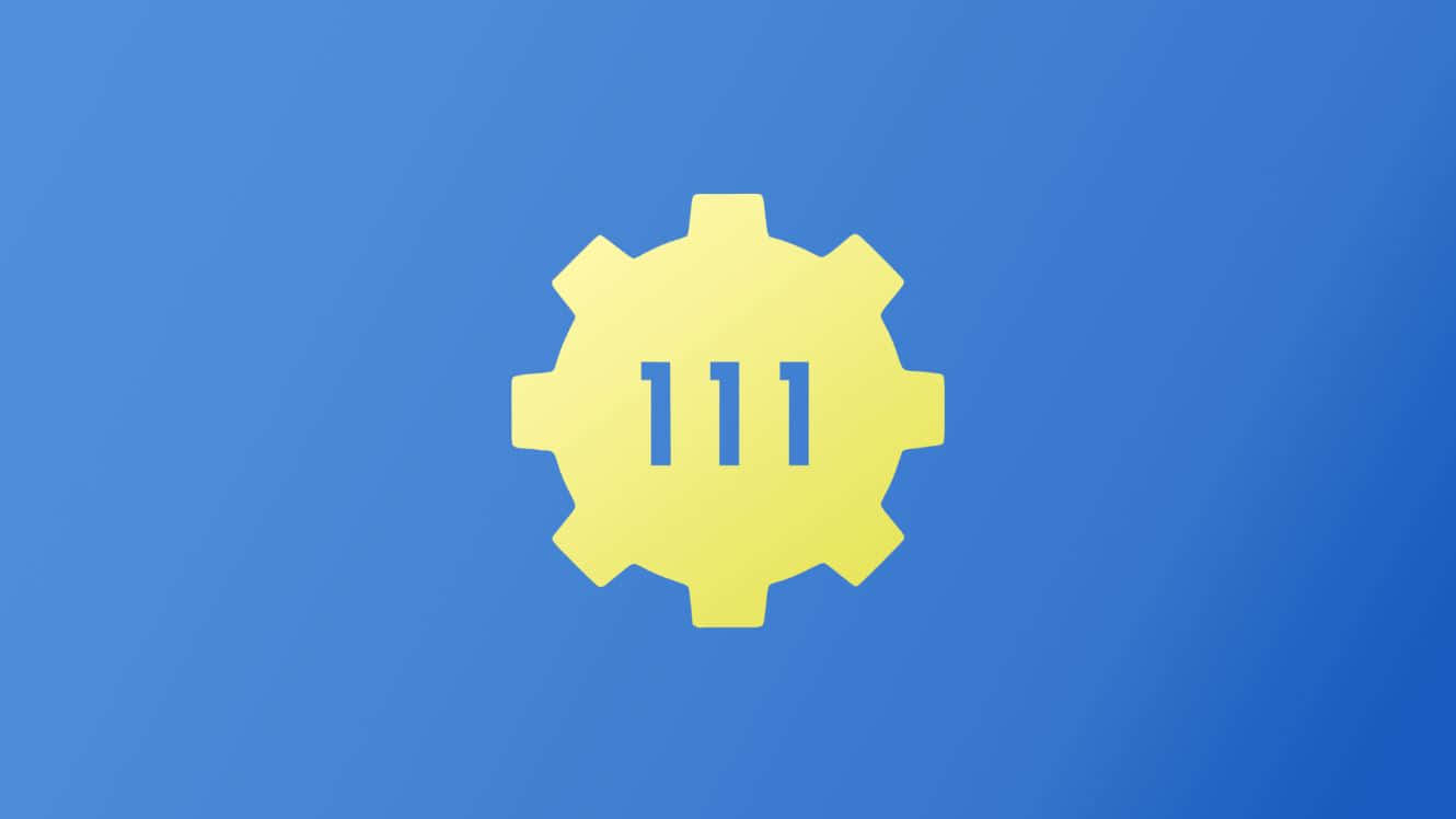 Fallout 4 Vault 桌布 壁紙 — 一個亮黃色的齒輪圖標，數字111居中，背景為漸變藍色。