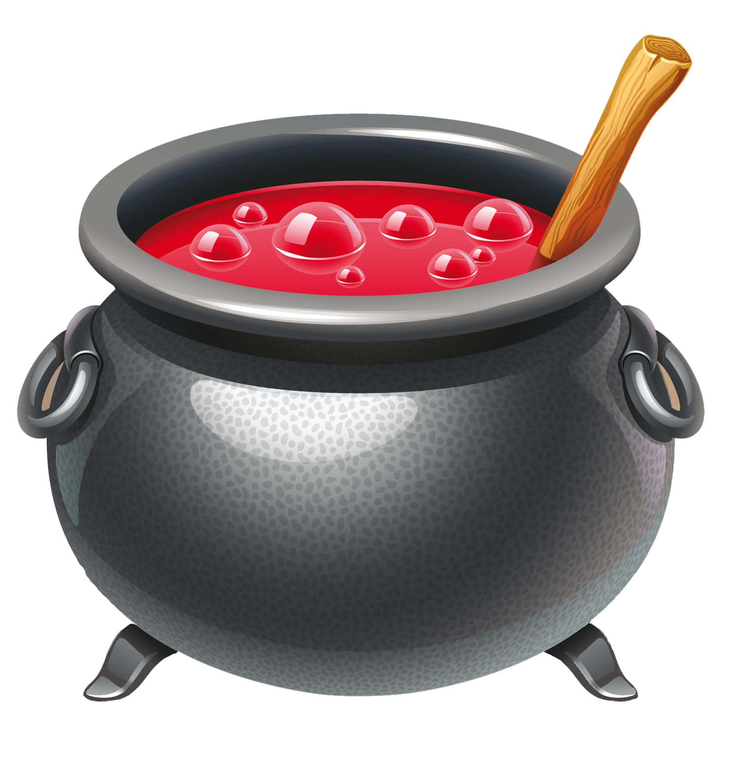 cauldron 桌布 壁紙 — 一個亮黑色大鍋，裝有冒泡的紅色藥水和木攪拌棒，置於白色背景上。