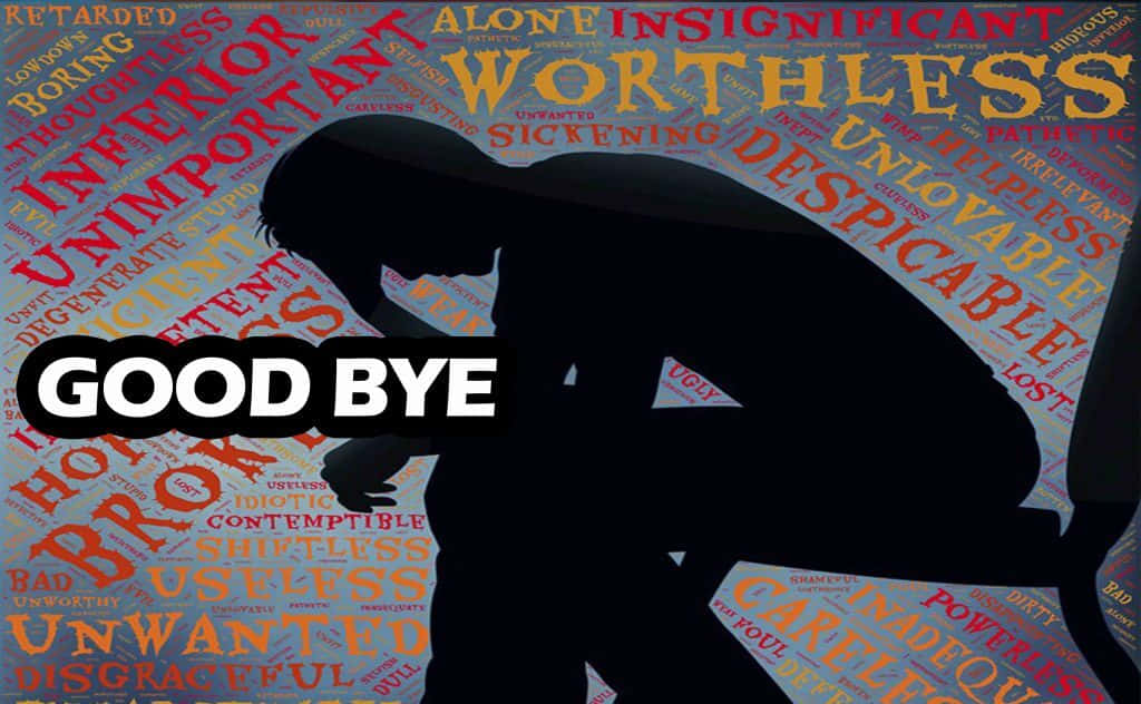 再見 桌布 壁紙 — 一個人低頭面向負面詞語牆的剪影，帶有粗體「GOOD BYE」文字。