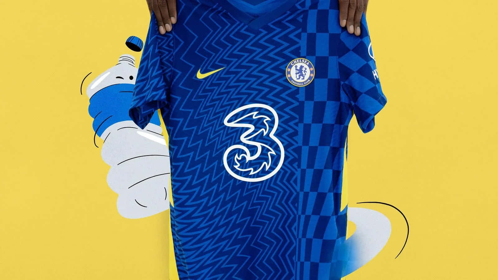 Chelsea 桌布 壁紙 — 一個人喺亮黃色背景前舉起一件藍色車路士足球球衣，上面有白色龍標誌。
