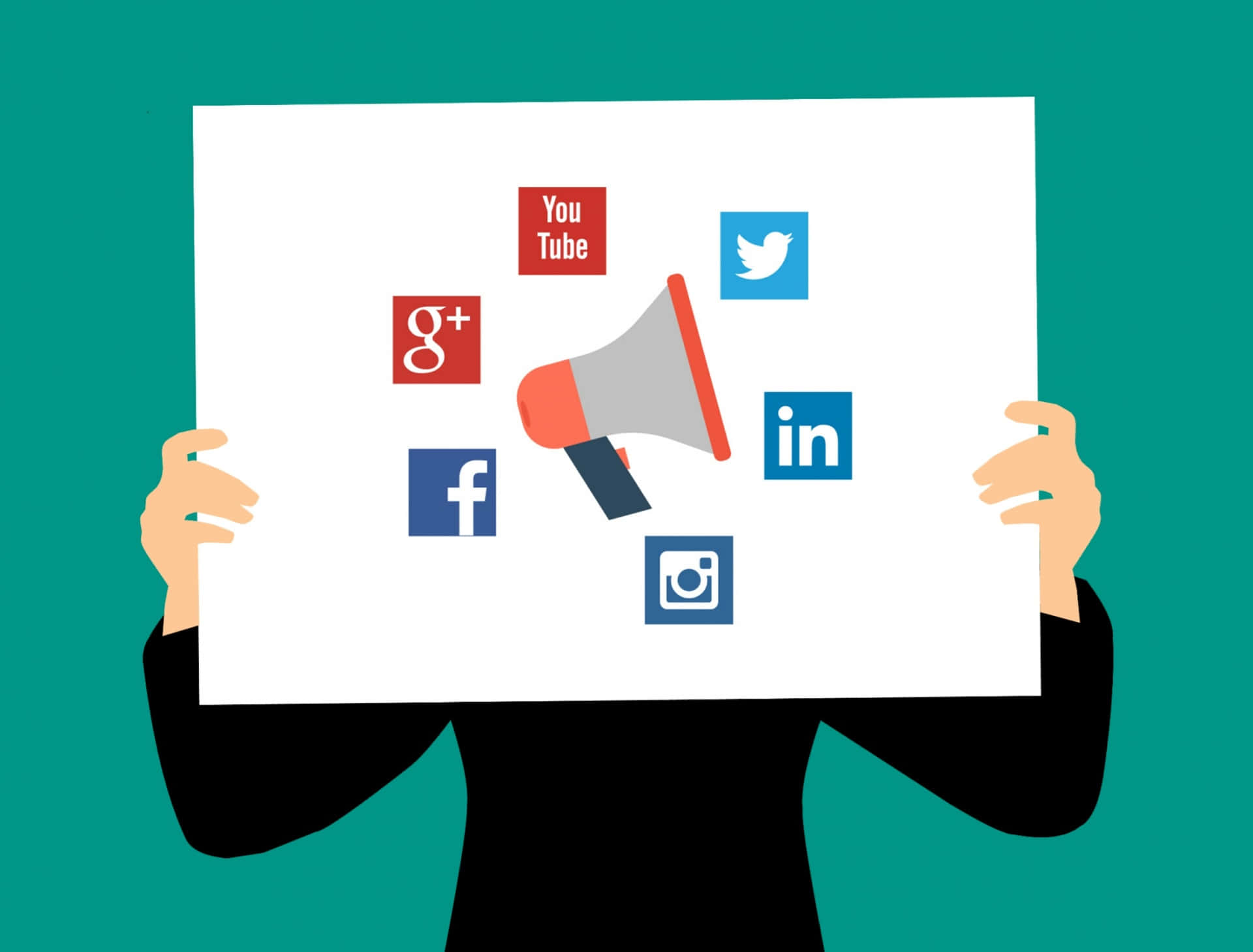 Social Media Logos 桌布 壁紙 — 一個人喺青綠色背景前，拎住一塊有擴音器同社交媒體圖示嘅白色板。