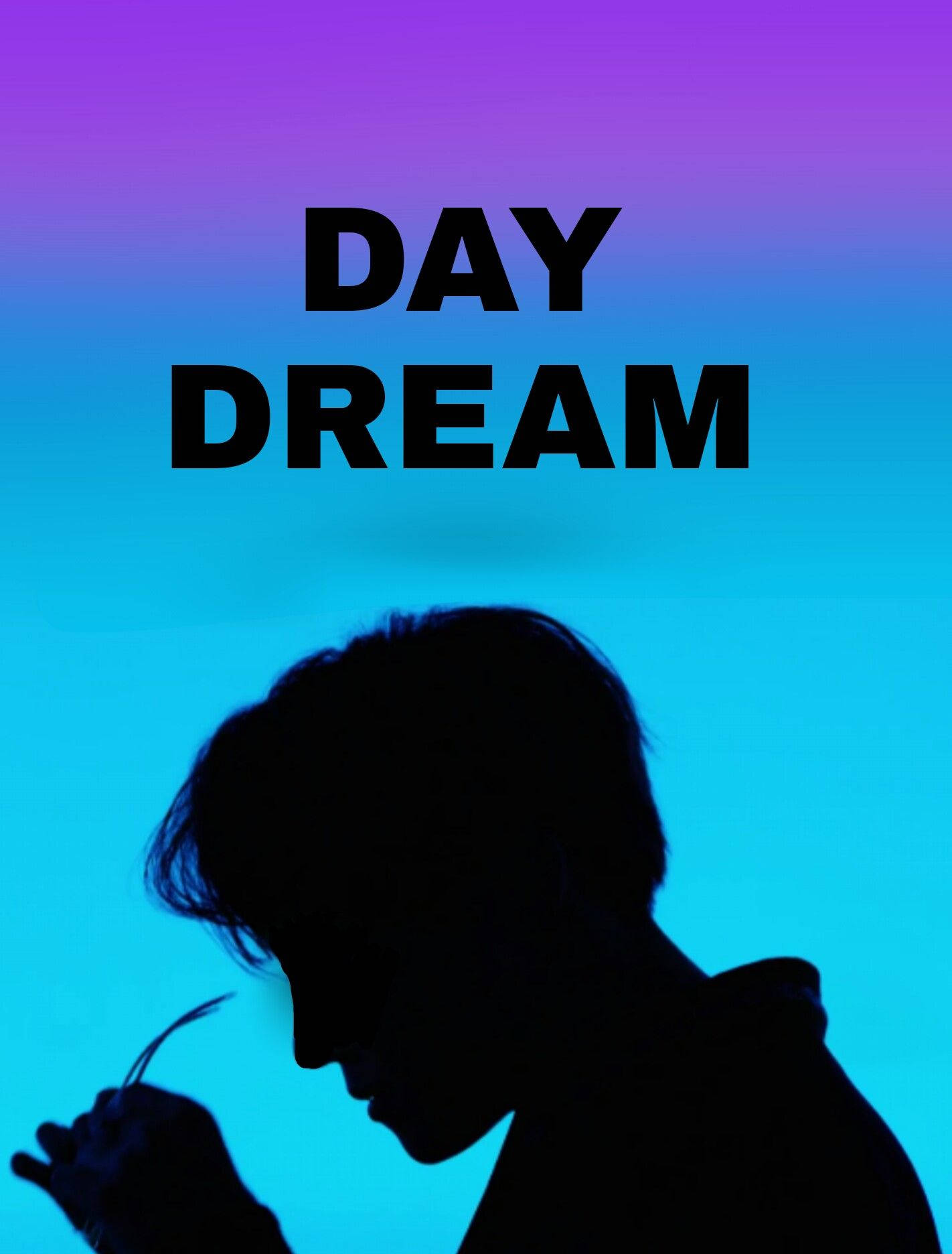 BTS J-hope Daydream 壁紙 — 一個人嘅剪影喺充滿活力嘅紫色到藍色漸變背景上發白日夢，並有粗體文字。