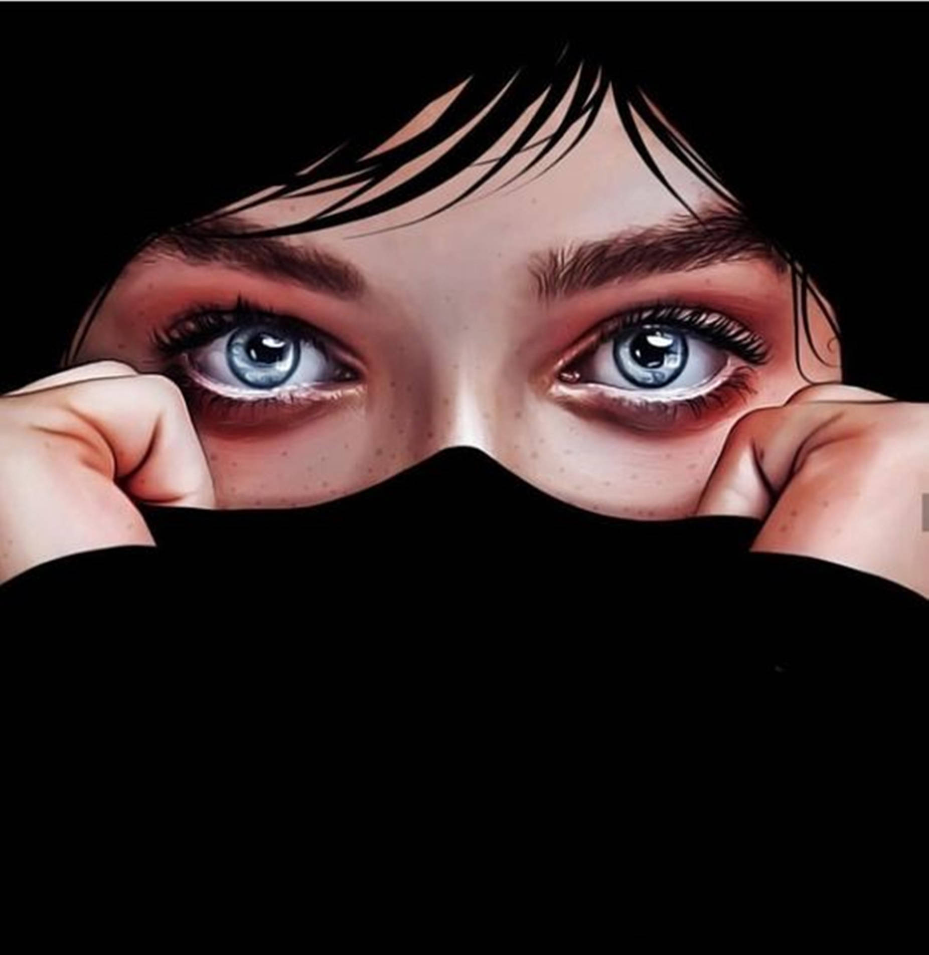 Illustration Art 桌布 壁紙 — 一個人嘅強烈藍色眼睛喺黑色布料上面窺視，雙手拎住布料嘅特寫。