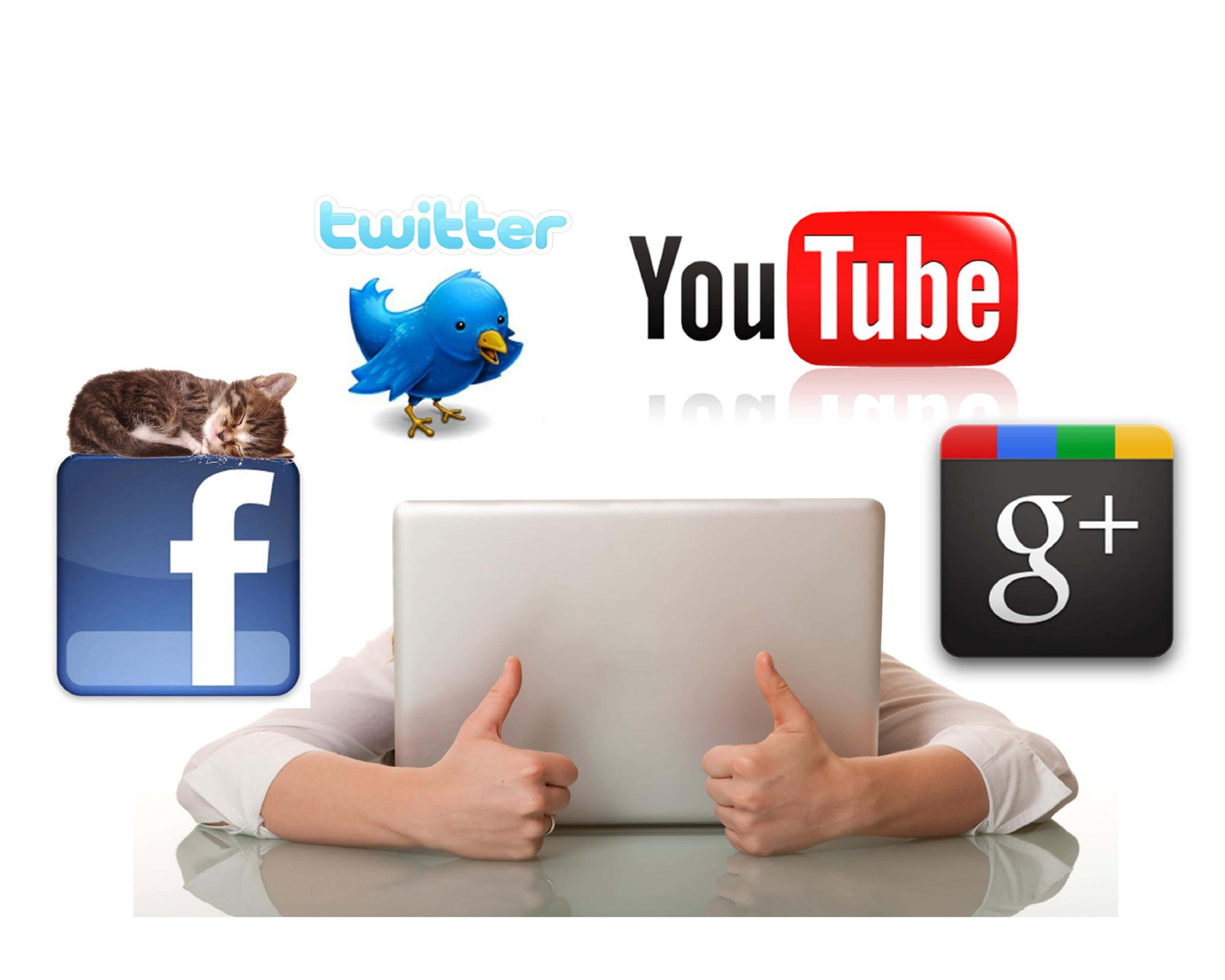 4K Social Media 桌布 壁紙 — 一個人在使用手提電腦時豎起大拇指，周圍有社交媒體圖標和一隻睡覺的貓。