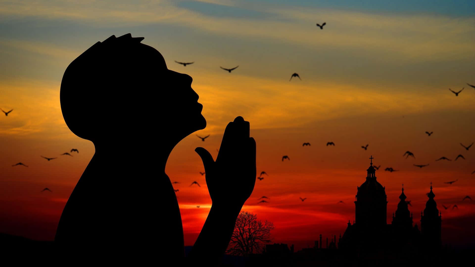 祈禱 桌布 壁紙 — 一個人在祈禱的剪影，雙手合十，背景是充滿活力的日落天空，有飛鳥和教堂尖塔。