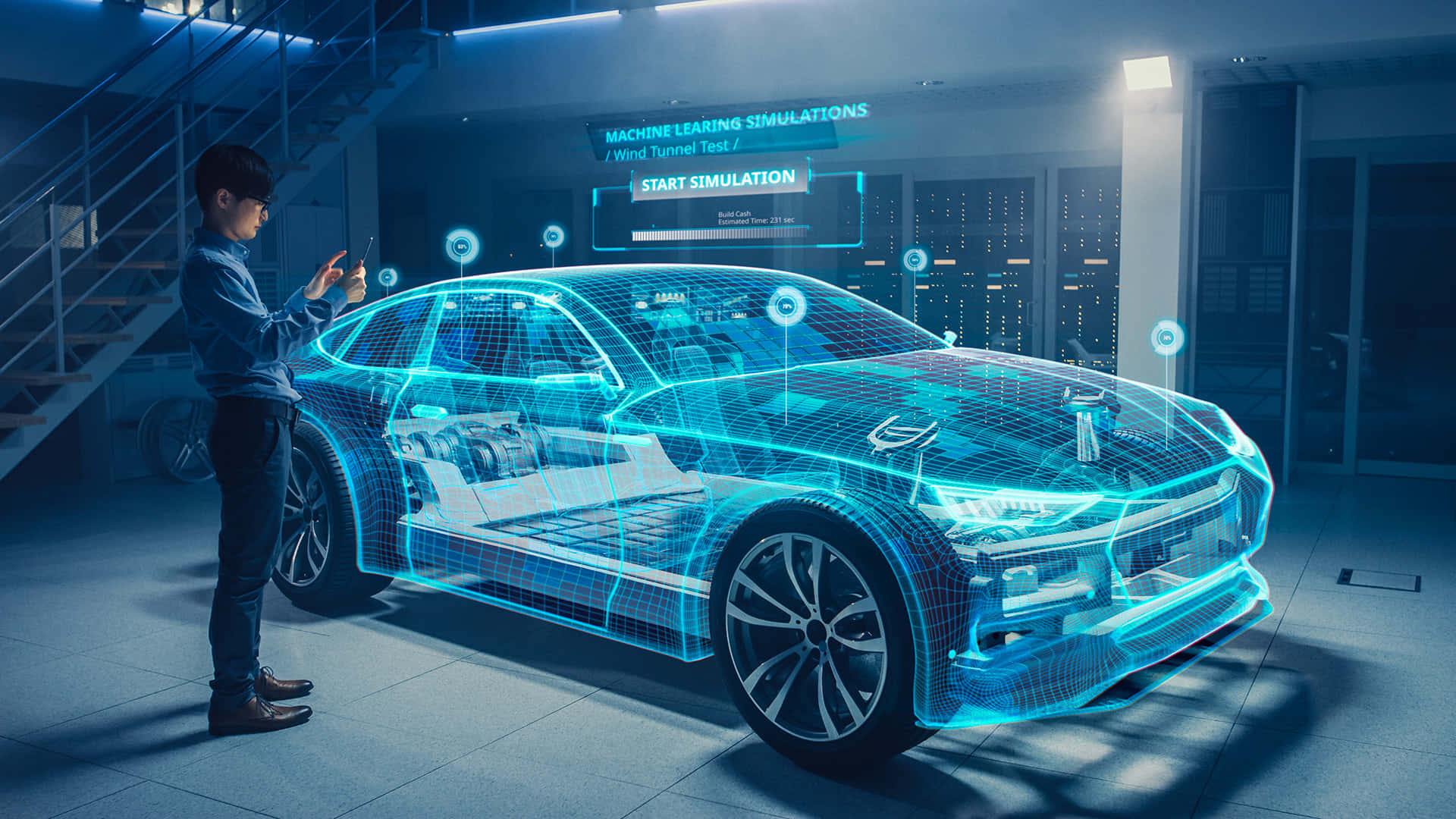 Car Technology 桌布 壁紙 — 一個人在配備數碼界面的高科技實驗室中與發光藍色全息汽車模型互動。