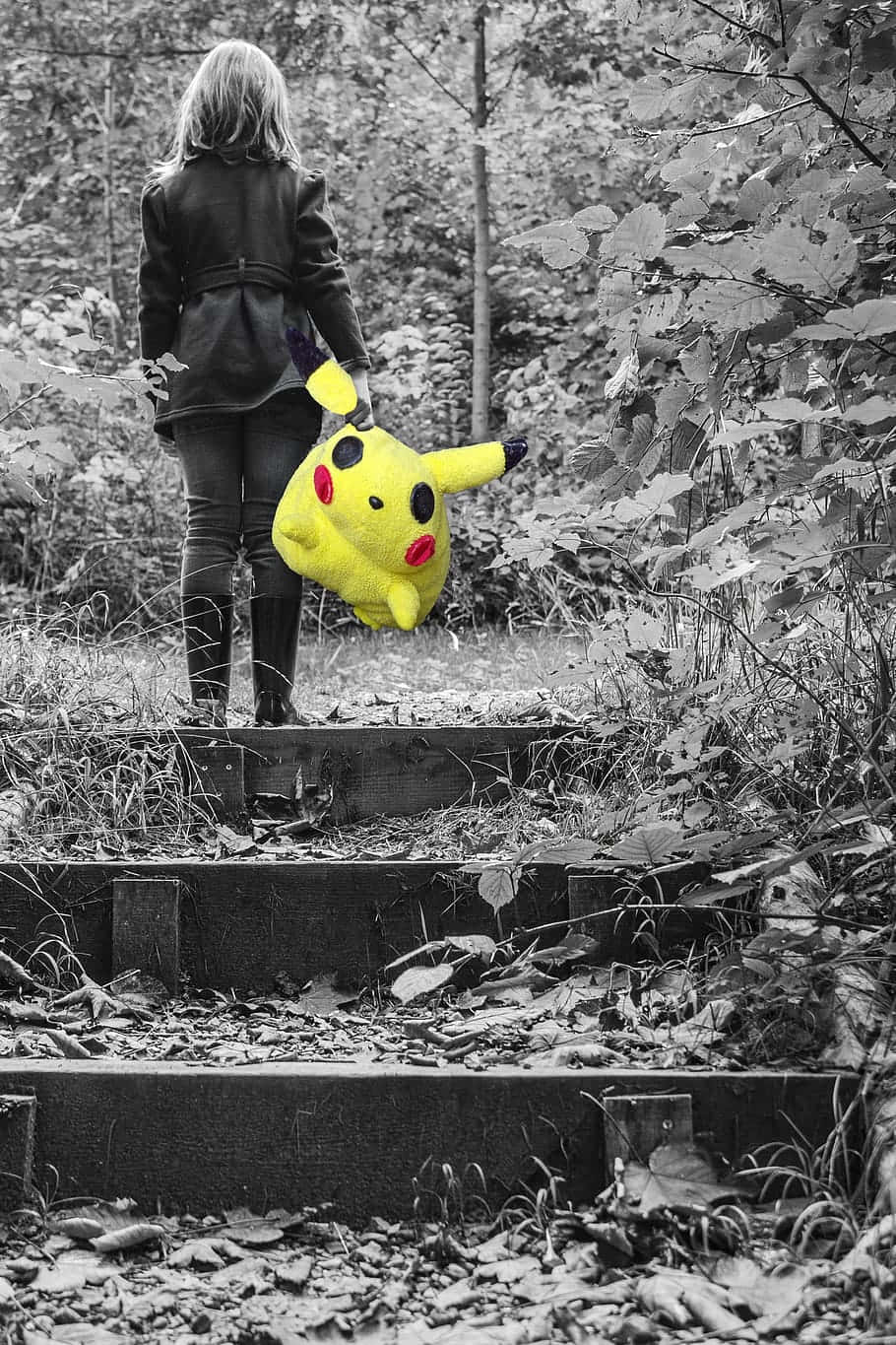 Pokemon Toys 桌布 壁紙 — 一個人在黑白森林背景下，拿著鮮黃色比卡超毛公仔走上森林階梯。