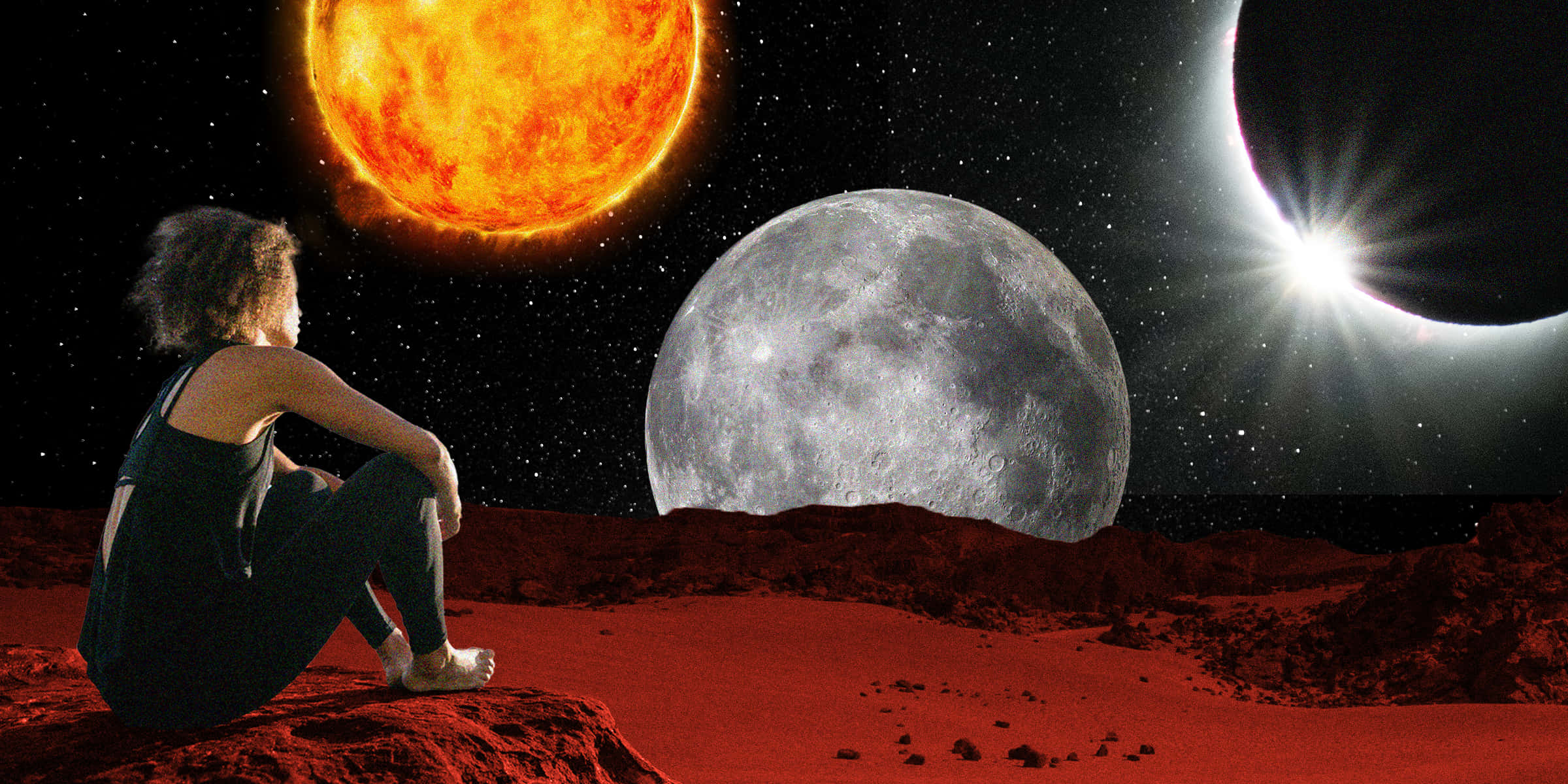 太陽與月亮 桌布 壁紙 — 一個人坐在紅色外星行星上，凝視著星空中的巨大月亮和熾熱的太陽。