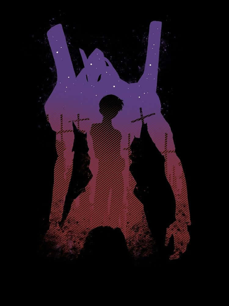 Shinji Ikari 桌布 壁紙 — 一個人影與兩個大型機械生命體，背景是漸變紫色和紅色、點綴著星星的天空。