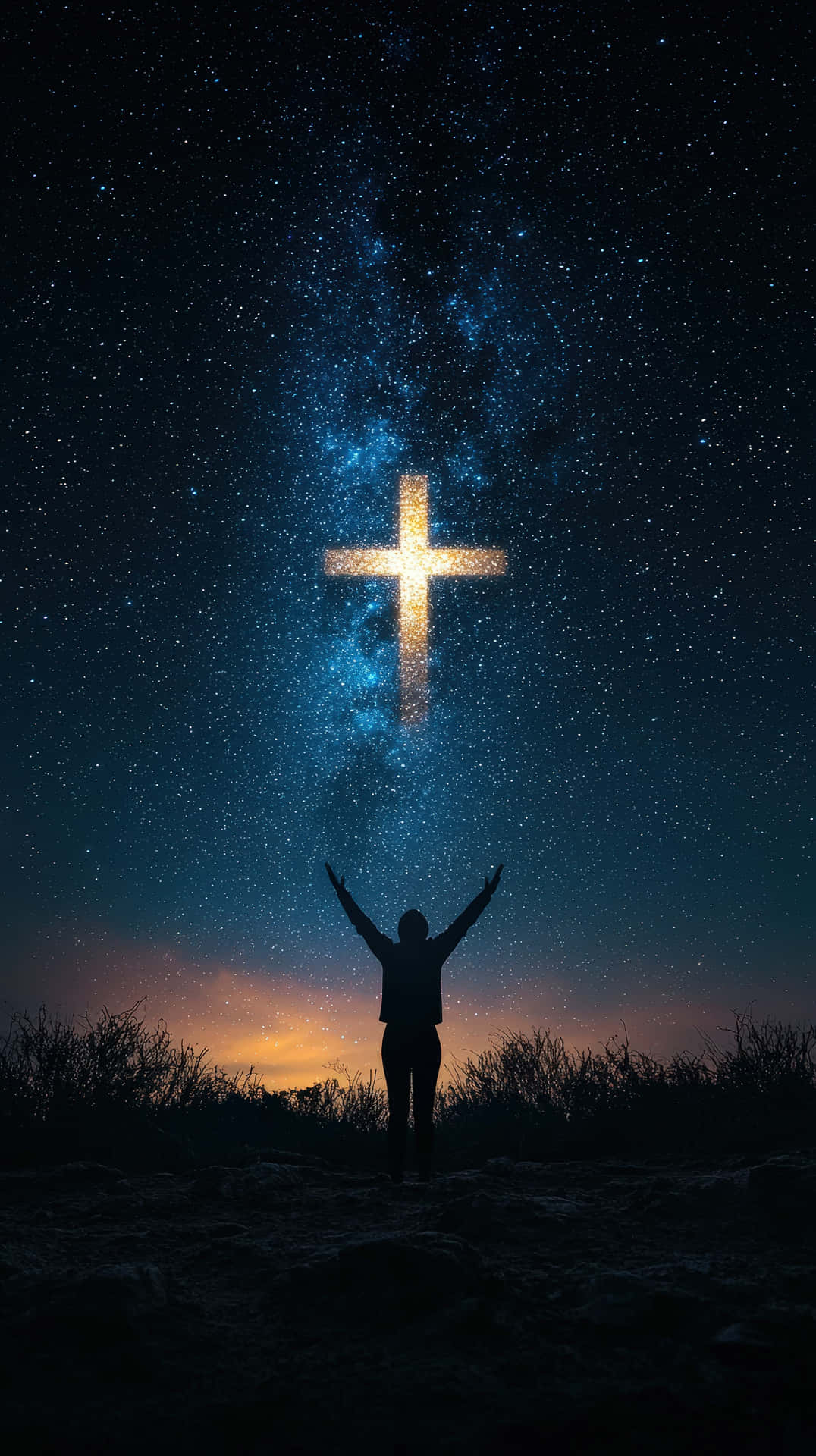 人物舉起雙臂面向星空夜空中發光的十字架 — 基督教 壁紙