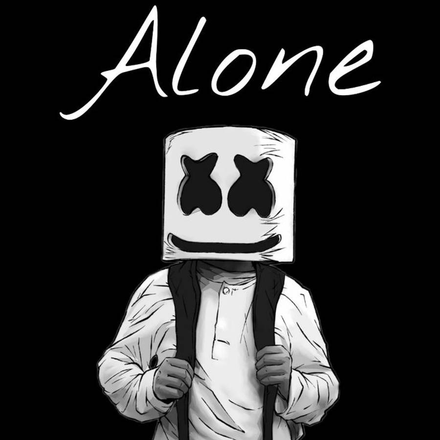Marshmello 桌布 壁紙 — 一個人戴著方形面具，面具上有X形眼睛和微笑，背著背包，背景為黑色，上方有白色字體的「Alone」。