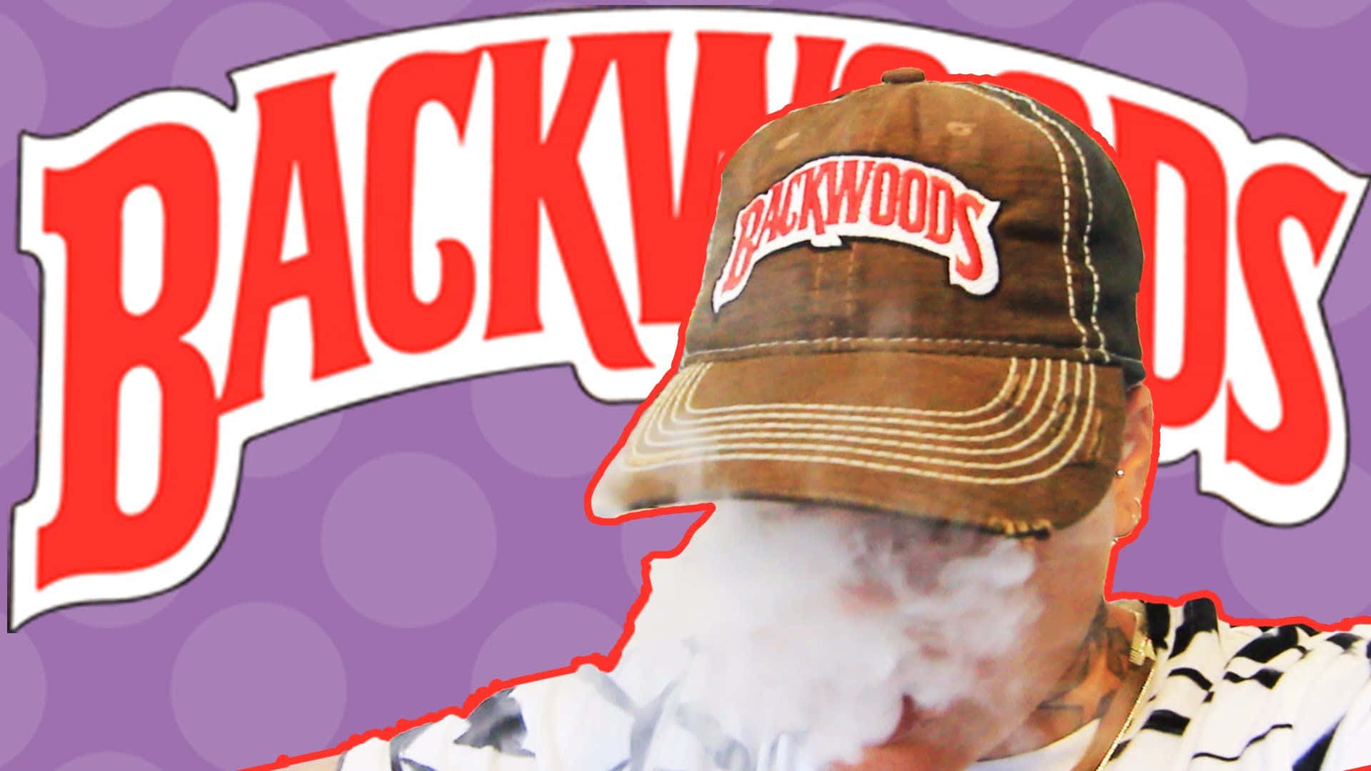 荒野 桌布 壁紙 — 一個人戴著棕色Backwoods帽子，在紫色背景上帶有大型紅色品牌文字的情況下呼出濃煙。