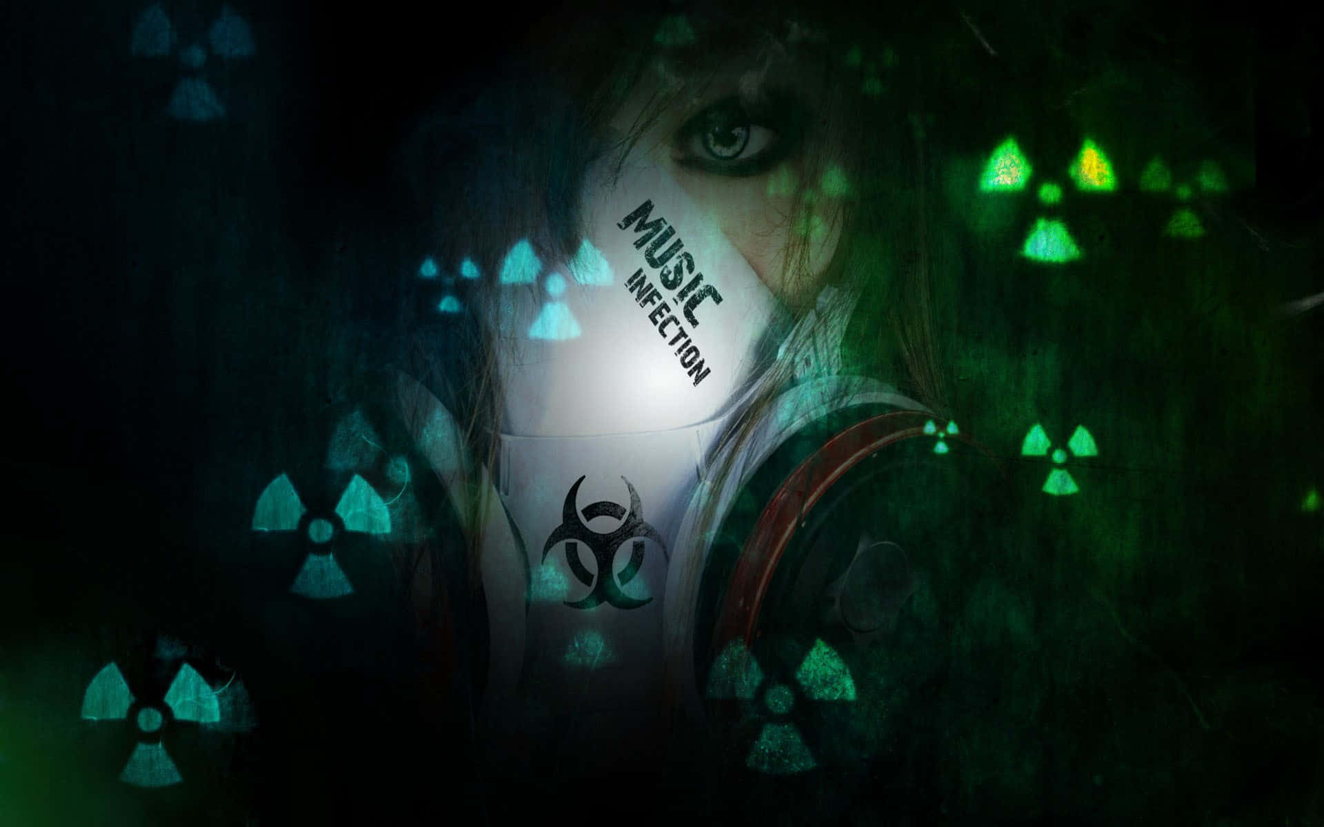 toxic 桌布 壁紙 — 一個人戴著標有「MUSIC INFECTION」的防毒面具，被深綠色調中發光的放射性符號包圍。