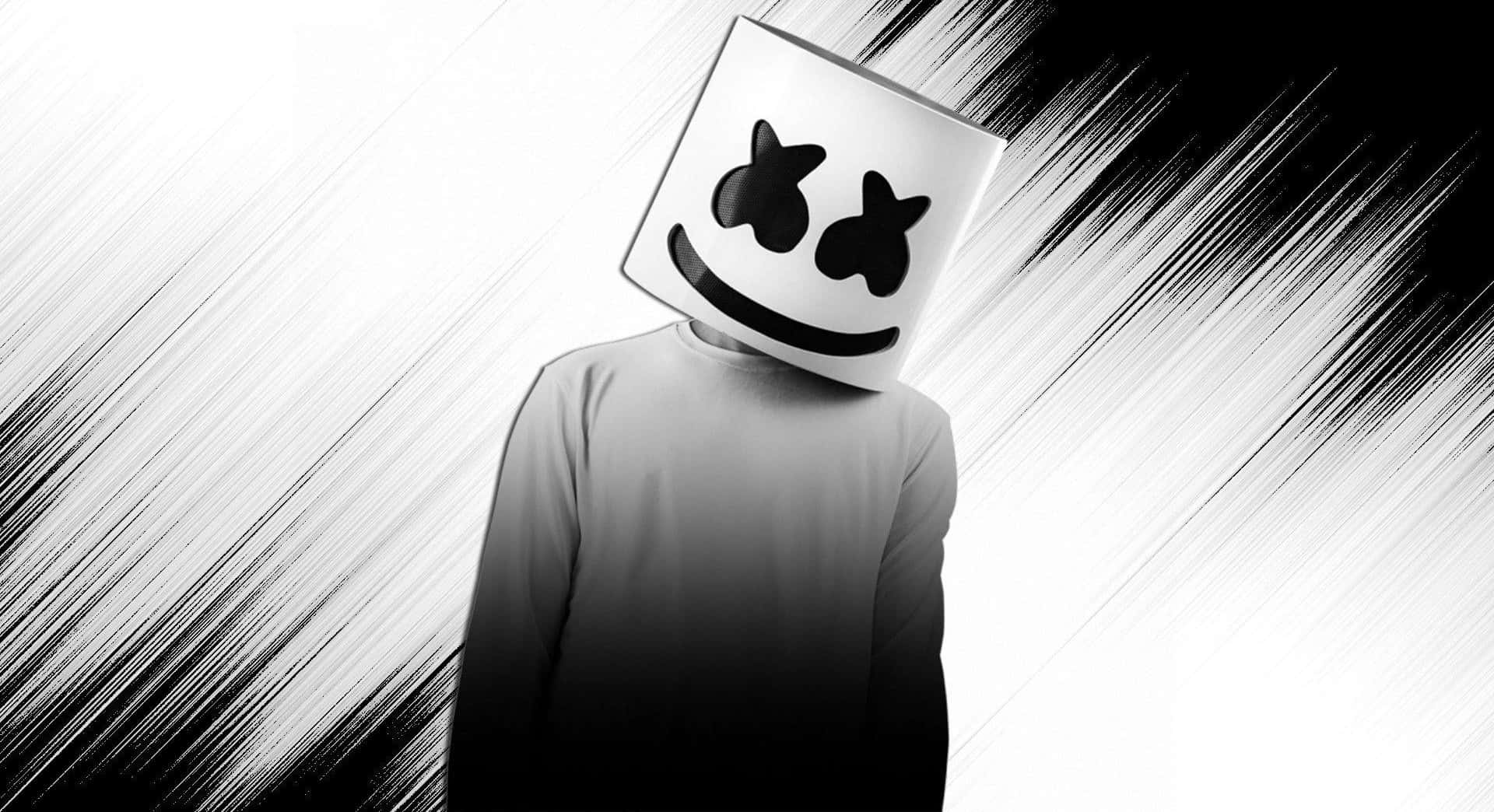 Marshmello 桌布 壁紙 — 一個人戴著白色方形笑臉面具，站在動態黑白條紋背景前。