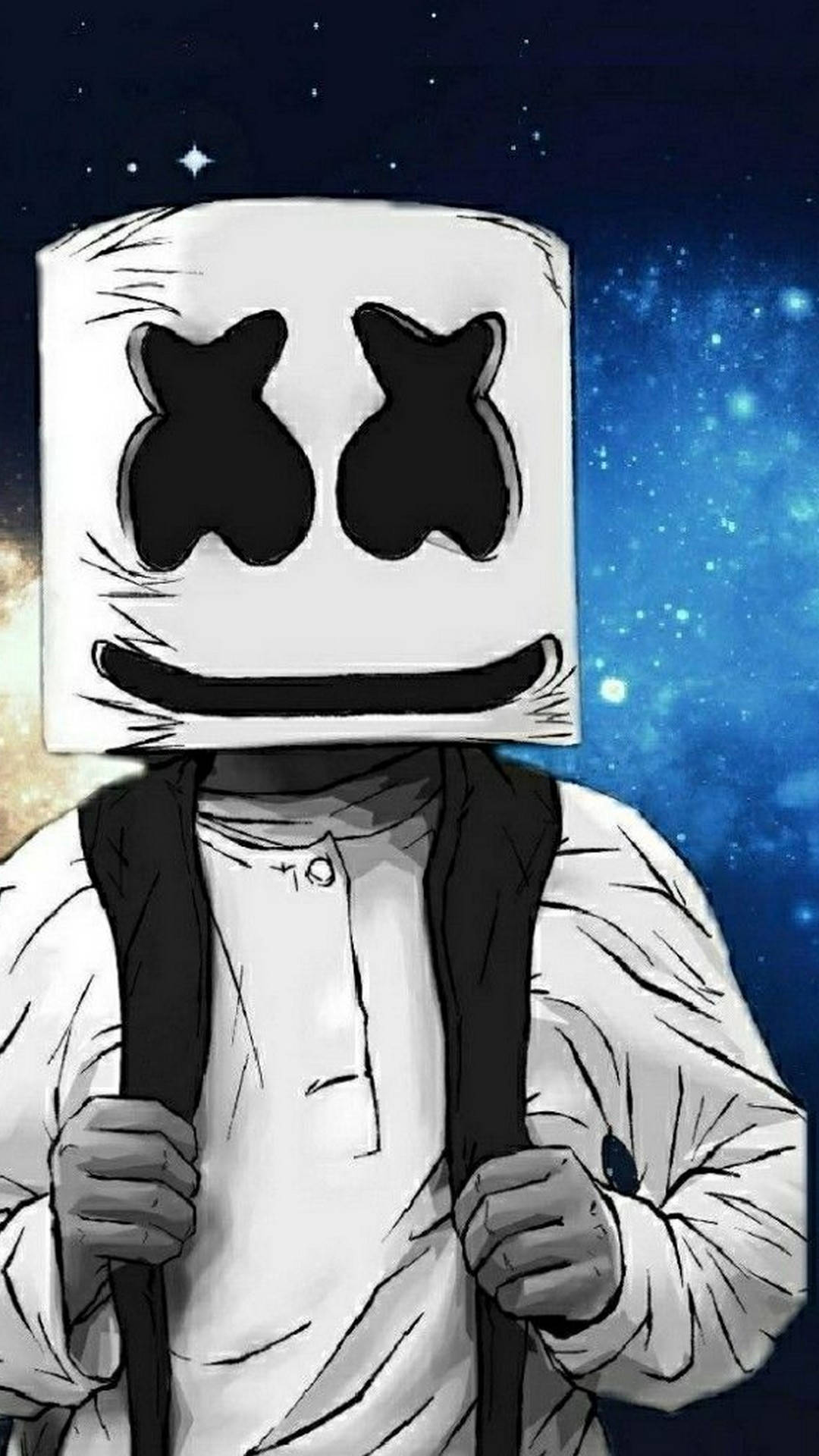 marshmello iPhone 桌布 壁紙 — 一個人戴著白色棉花糖頭盔，有黑色X眼睛和微笑，站在星空宇宙背景前。