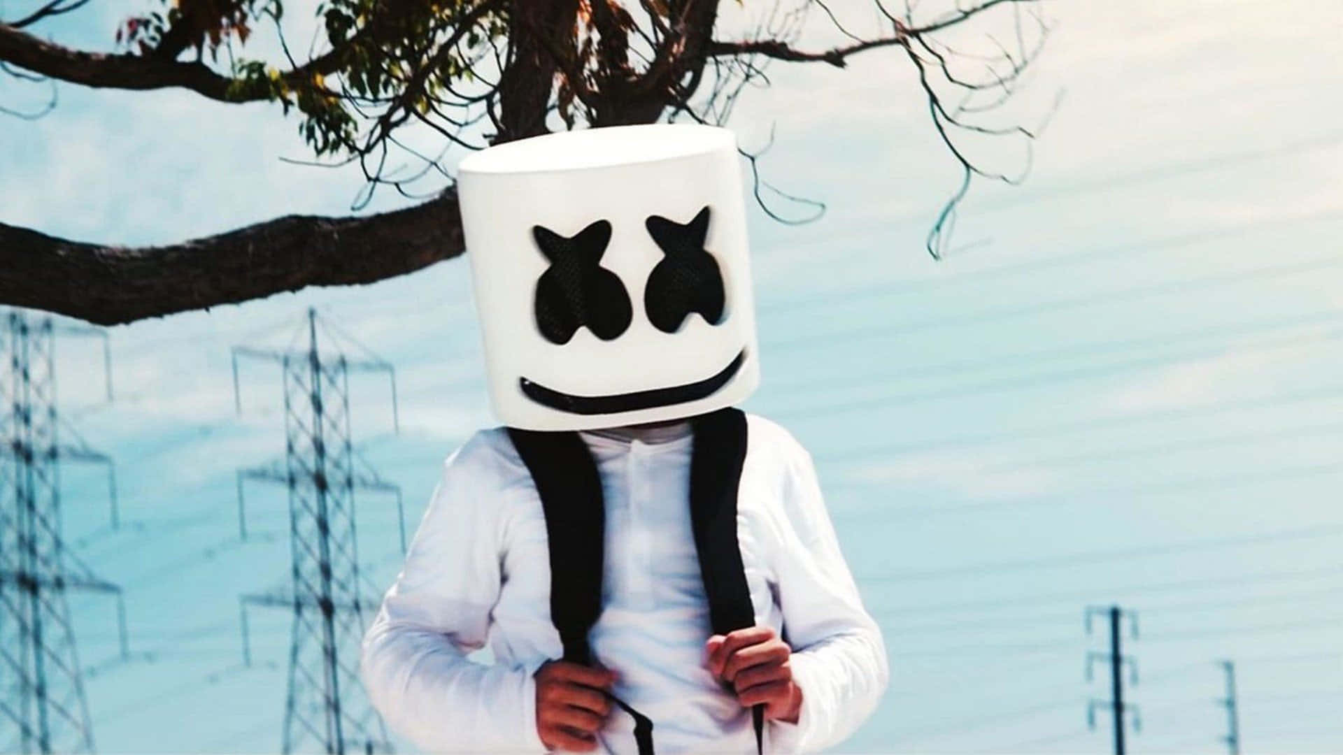 Marshmello 桌布 壁紙 — 一個人戴著白色棉花糖頭盔，黑色眼睛和微笑，站在一棵有電線的樹下。