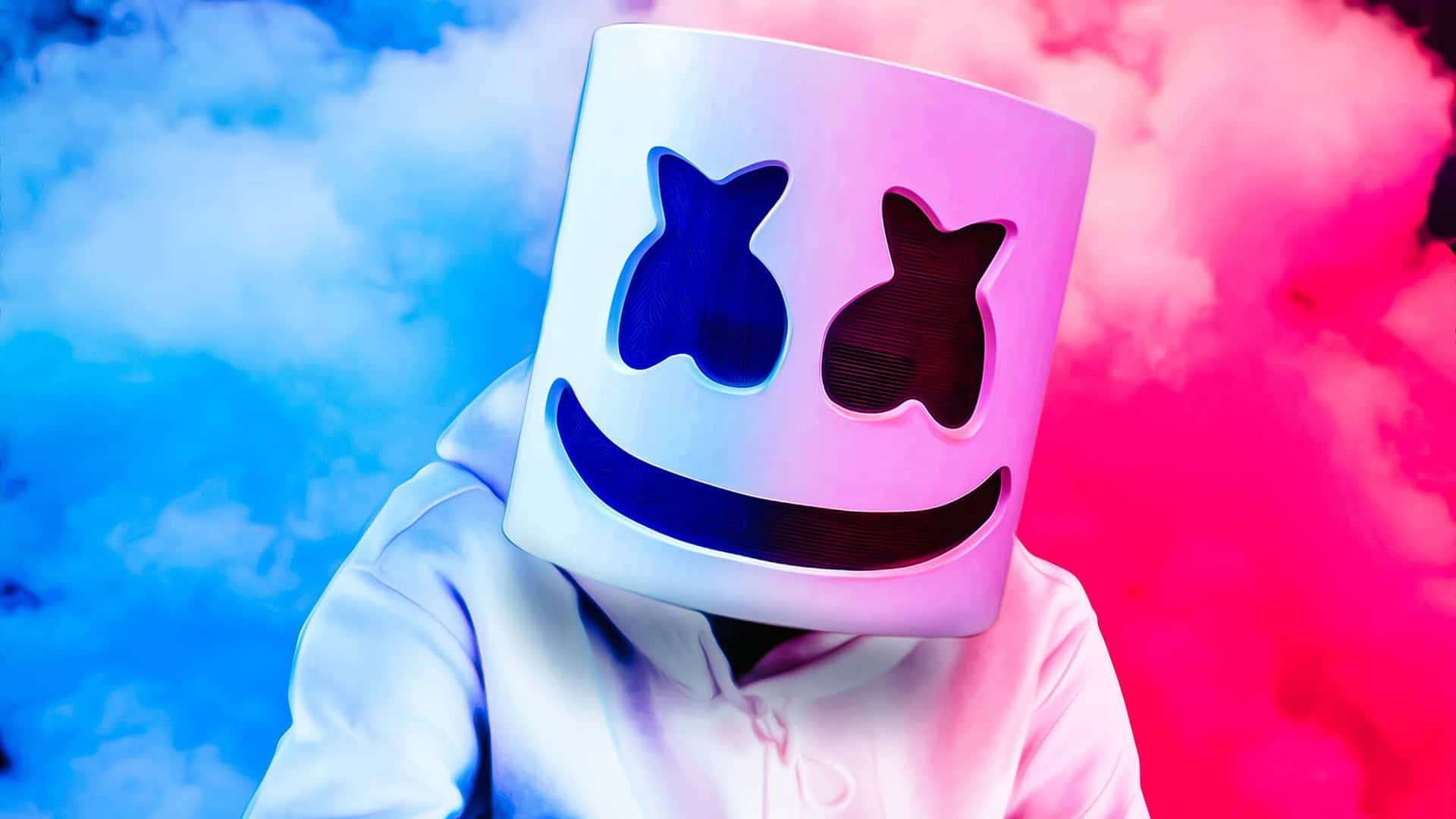 Marshmello 桌布 壁紙 — 一個人戴著白色棉花糖頭盔面具，身後有藍色和粉紅色的煙霧旋轉。