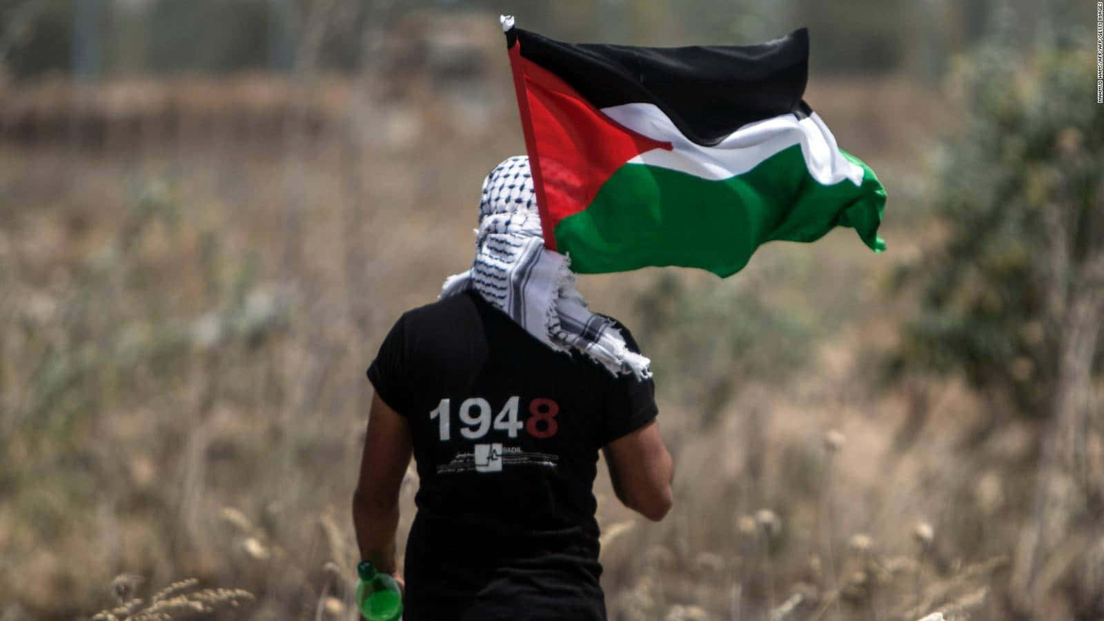 Palestine 桌布 壁紙 — 一個人戴著頭巾，身穿印有1948的黑色T恤，手持巴勒斯坦旗幟走過乾草地。