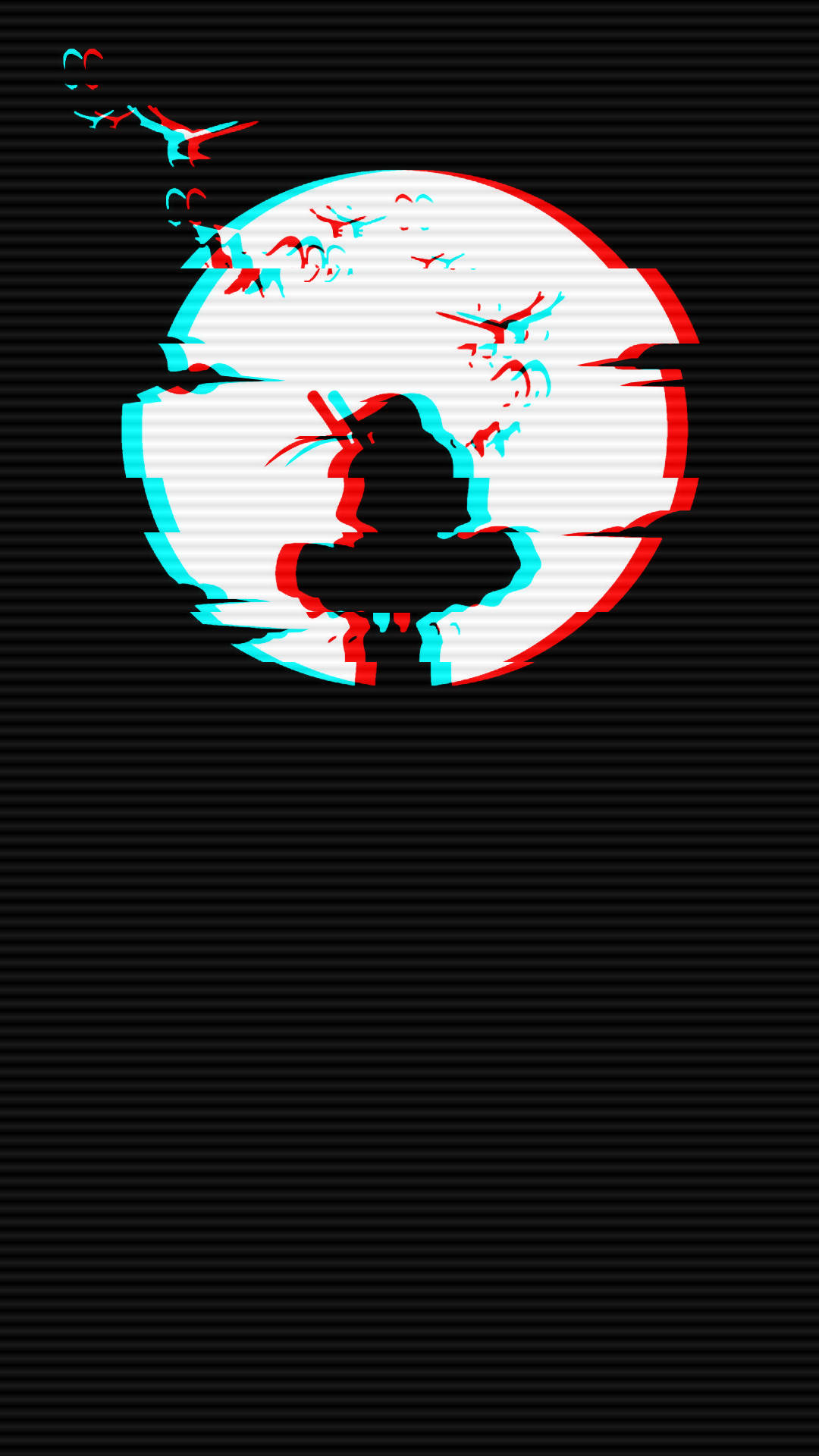 Silhouette 桌布 壁紙 — 一個人物嘅故障藝術剪影，雀仔喺扭曲圓形框架周圍飛翔，背景係黑色條紋。