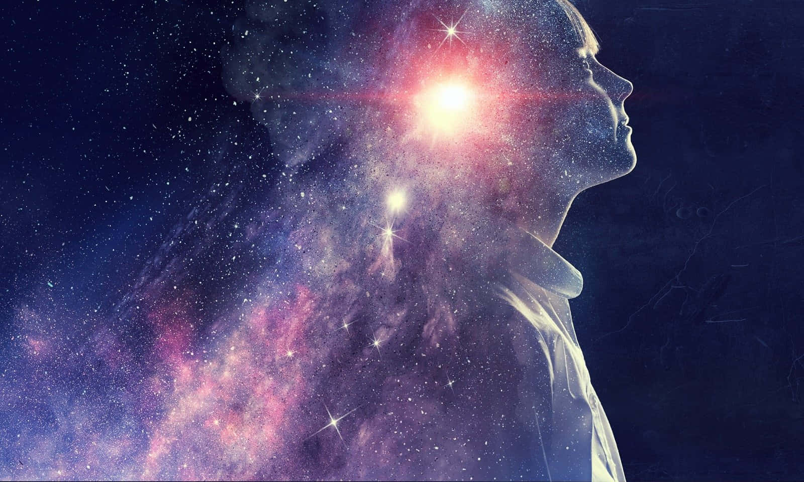 靈魂 桌布 壁紙 — 一個人的剪影，胸前有發光的星爆，背景是充滿活力的宇宙星雲。
