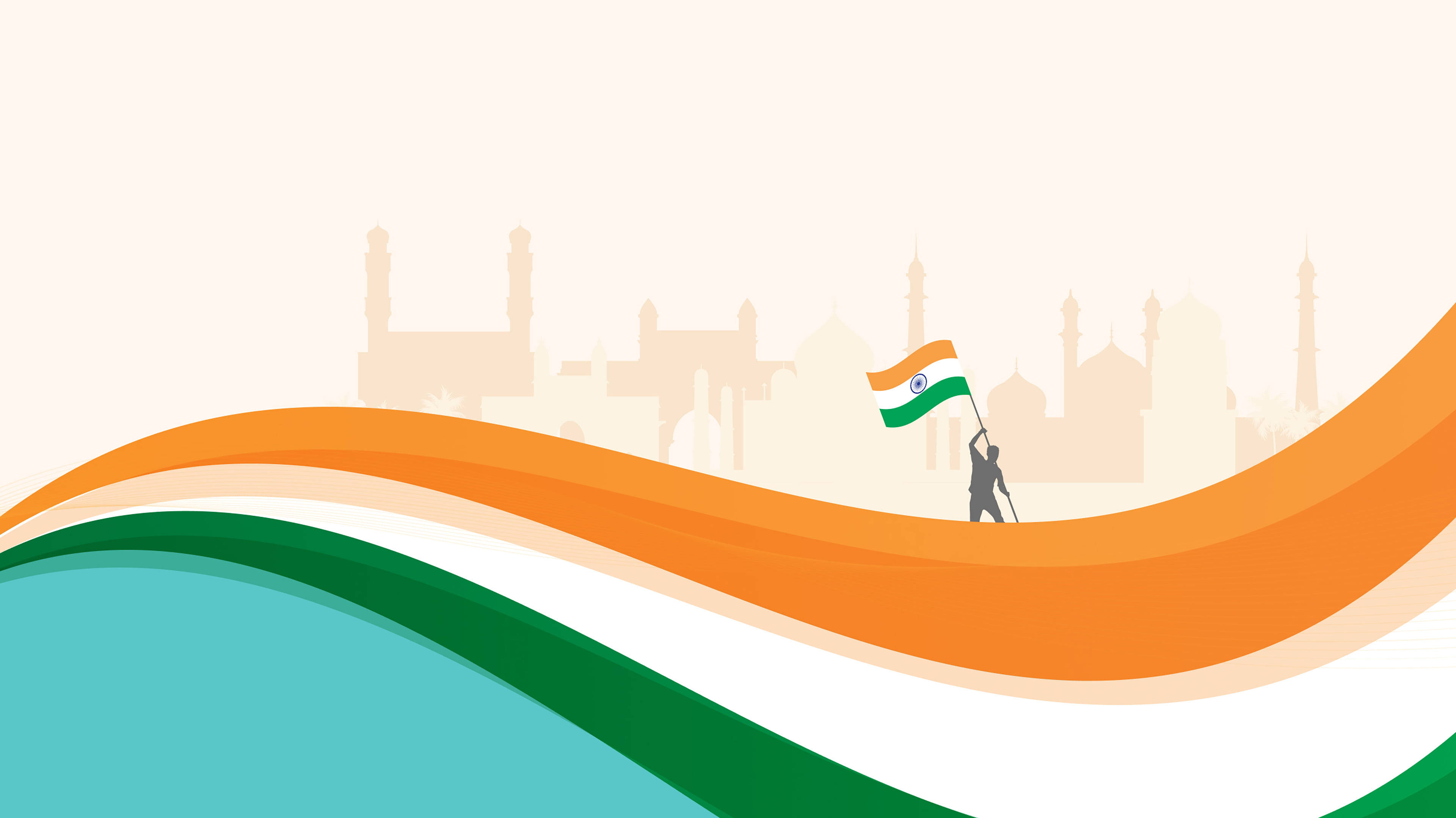 India 桌布 壁紙 — 一個人的剪影在風格化的藏紅花、白色和綠色條紋波浪上揮舞印度國旗，背景是標誌性建築。