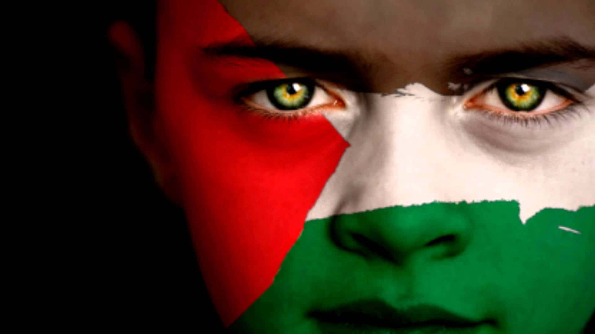 Palestine 桌布 壁紙 — 一個人的臉部特寫，臉上塗有巴勒斯坦國旗的紅、白、綠色，背景為黑色。