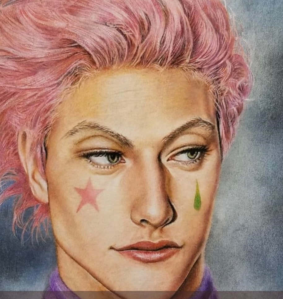hisoka 桌布 壁紙 — 一個人的詳細插圖，粉紅色頭髮，臉頰上有紅色星星，臉上有一滴綠色眼淚，背景為灰色。