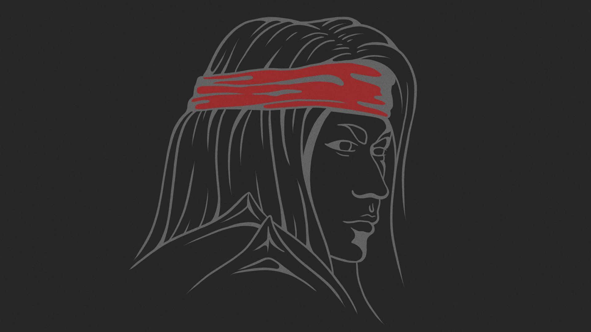 Mortal Kombat Liu Kang 桌布 壁紙 — 一個人的風格化側面輪廓，長髮，戴紅色頭帶，背景為深灰色。