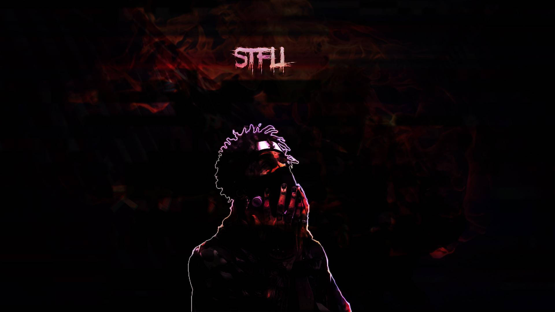 Scarlxrd STFU 壁紙 — 一個人的黑色剪影，頭髮尖刺，眼睛發光，背景是火紅和黑色，上方有STFLL字樣。