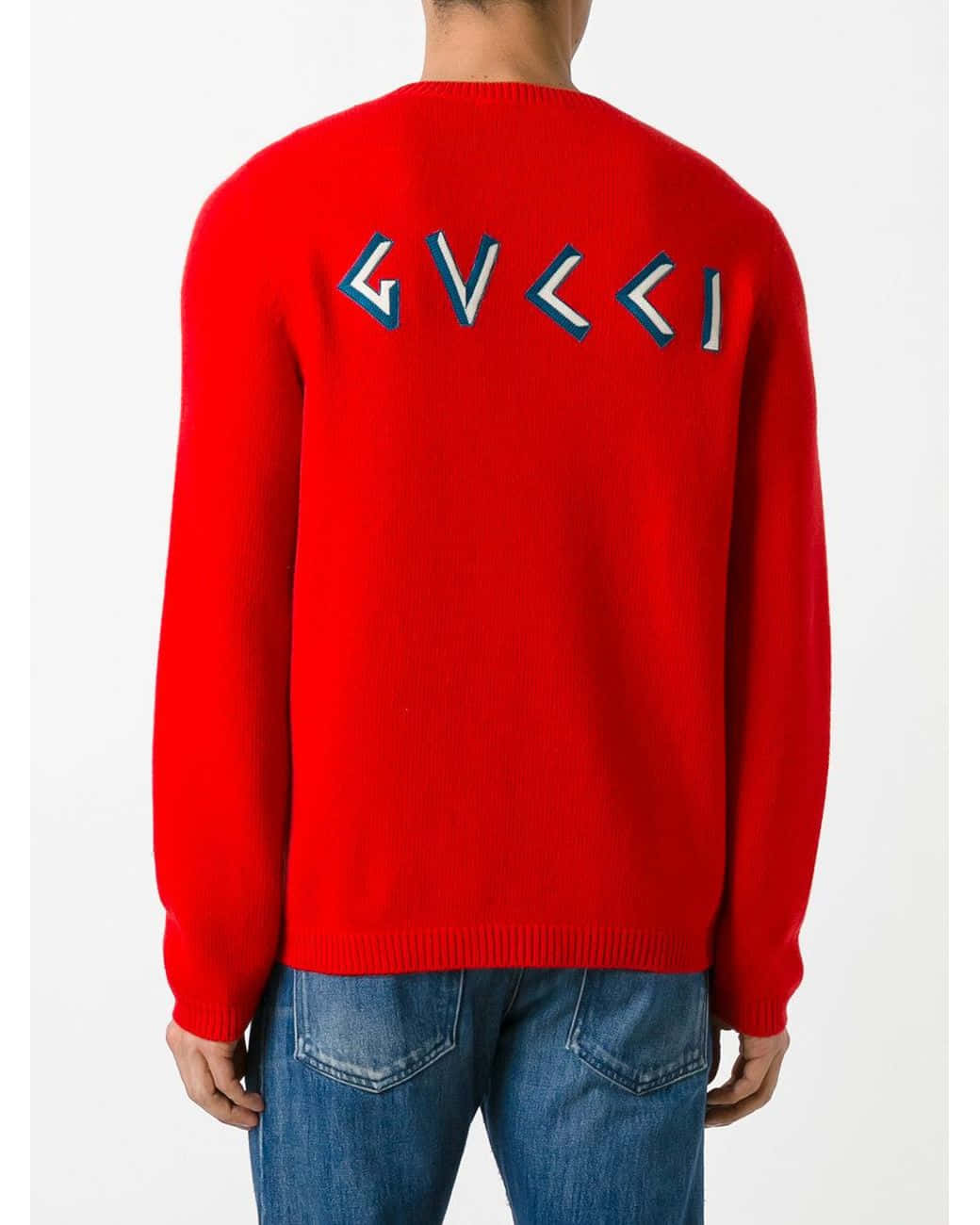 Red Sweater 桌布 壁紙 — 一個人穿著一件大膽的紅色Gucci毛衣，肩上帶有藍色和白色標誌的背面視圖。