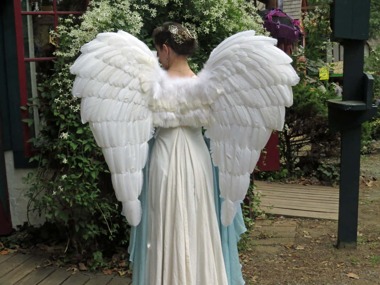 Wings 桌布 壁紙 — 一個人穿著白色長袍和大型羽毛天使翅膀，站在戶外，身後有綠植和木質甲板。
