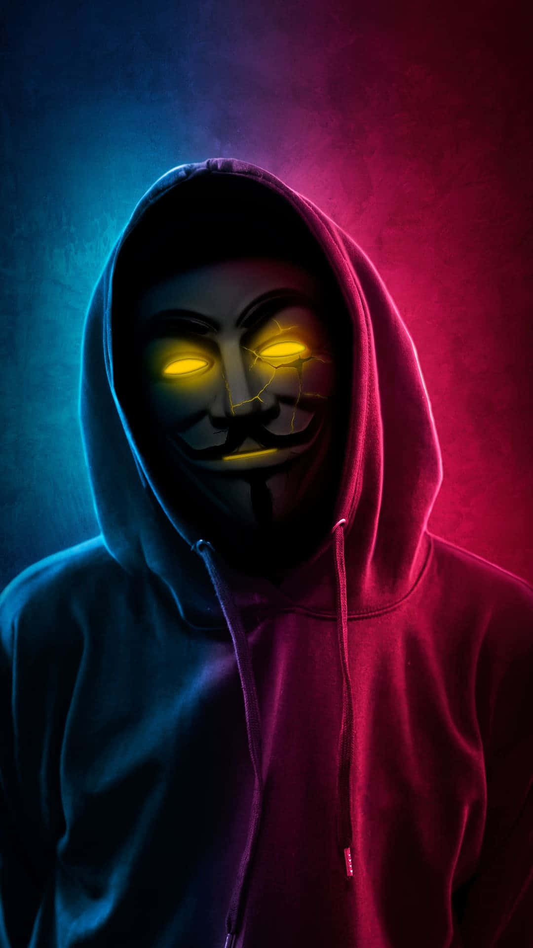 Best HD 桌布 壁紙 — 一個人穿著連帽衫，戴著破裂的蓋伊·福克斯面具，黃色眼睛發光，背景是藍色和紅色的霓虹燈。