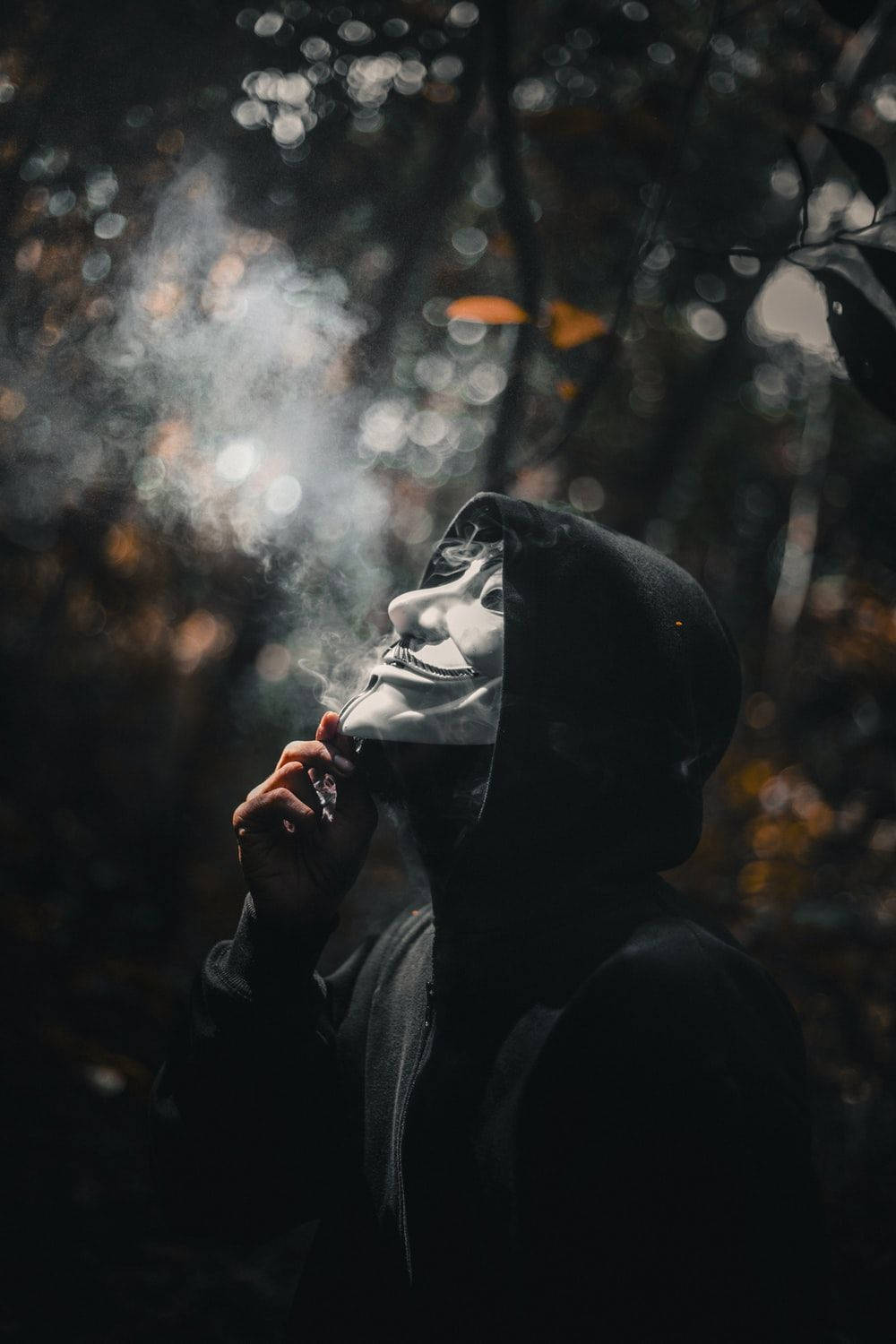 手機 桌布 壁紙 — 一個人穿著連帽衫和蓋伊·福克斯面具，在昏暗的森林中呼出煙霧，背景有散景燈光。
