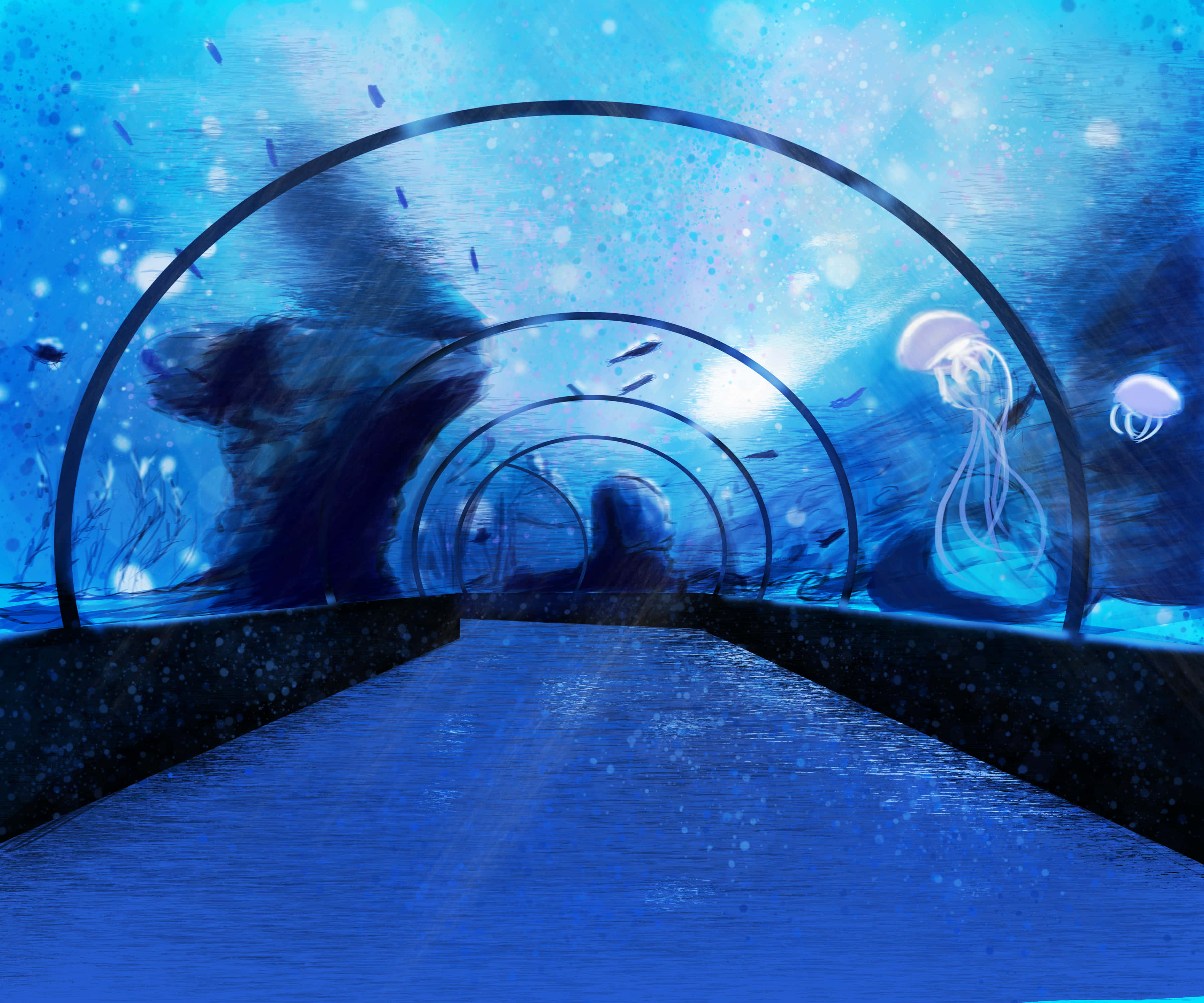 Aquarium 桌布 壁紙 — 一個人走過一個發光的藍色水下隧道，周圍環繞著水母和魚。