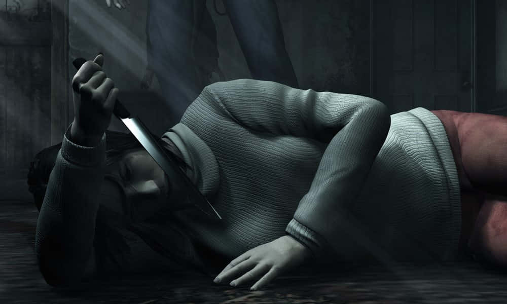 Silent Hill Characters 桌布 壁紙 — 一個人躺喺污糟嘅地板上一動不動，喺昏暗嘅陰影房間入面攞住刀架喺自己喉嚨。
