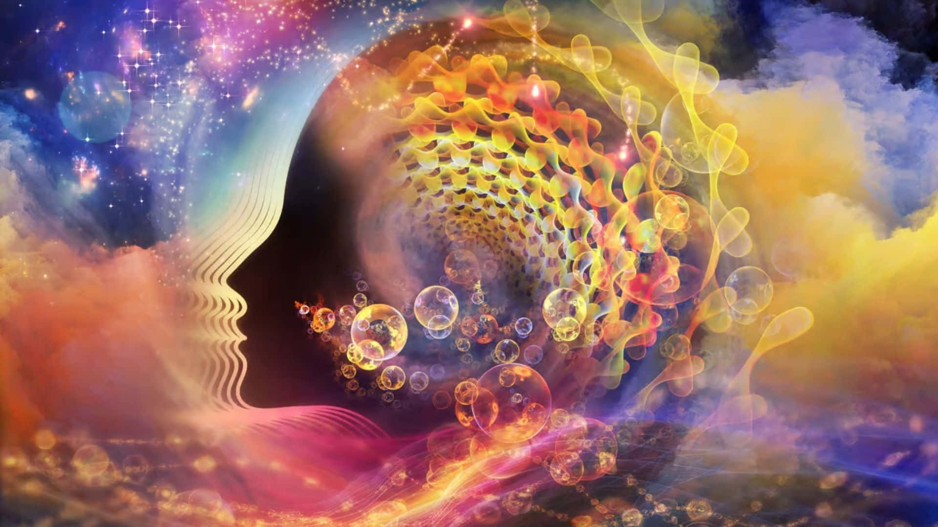 innovation 桌布 壁紙 — 一個人頭嘅宇宙剪影，內部顯現出一個發光嘅螺旋星系，周圍環繞著漂浮嘅氣泡同星光星雲。