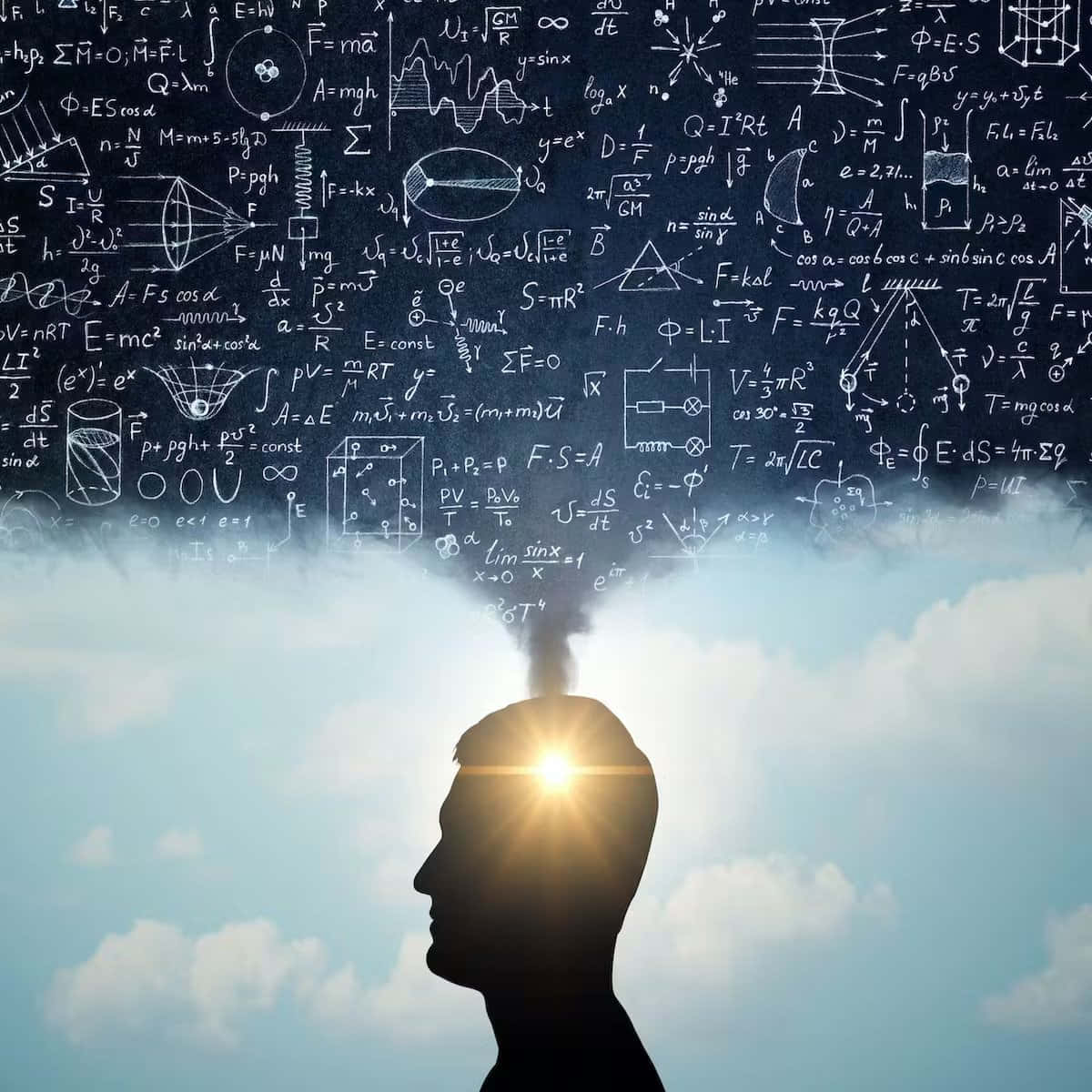 mathematics 桌布 壁紙 — 一個人頭的剪影，發光的大腦向多雲的天空發射數學方程式。