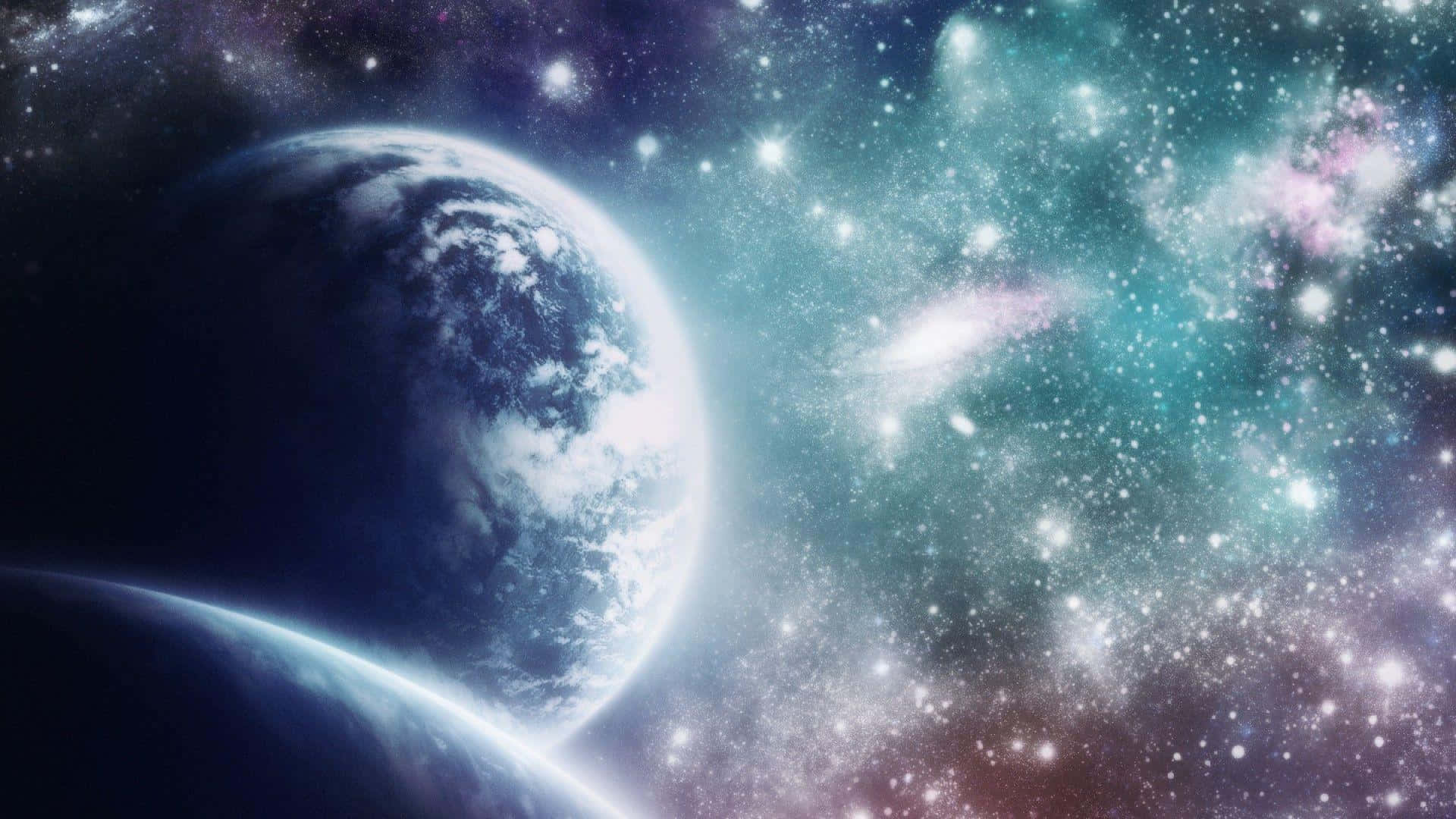 Beautiful Space 桌布 壁紙 — 一個令人嘆為觀止的地球景觀，在充滿星星和彩色星雲的充滿活力的宇宙背景下發光。