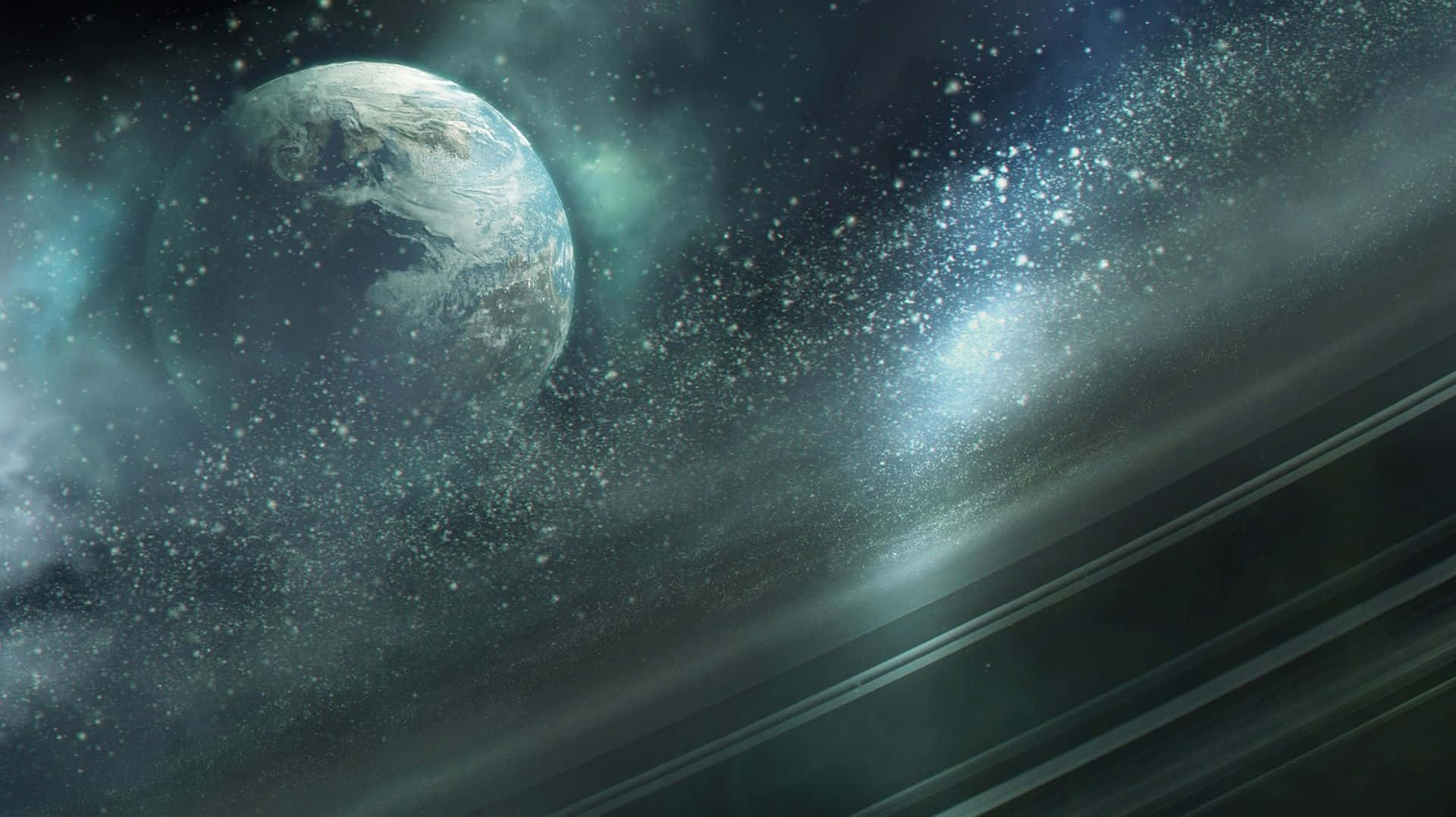Halo Ring 桌布 壁紙 — 一個令人嘆為觀止的地球景觀，漂浮在繁星點點的宇宙中，伴隨著發光的星雲和宇宙塵埃的條紋。