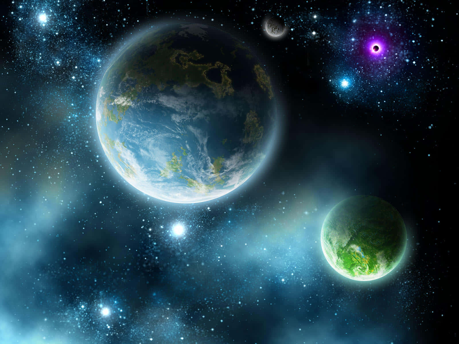 Blue Planet 桌布 壁紙 — 一個令人嘆為觀止的宇宙場景，兩顆類似地球的行星在星空中閃耀，周圍環繞著星雲和遙遠的天體。