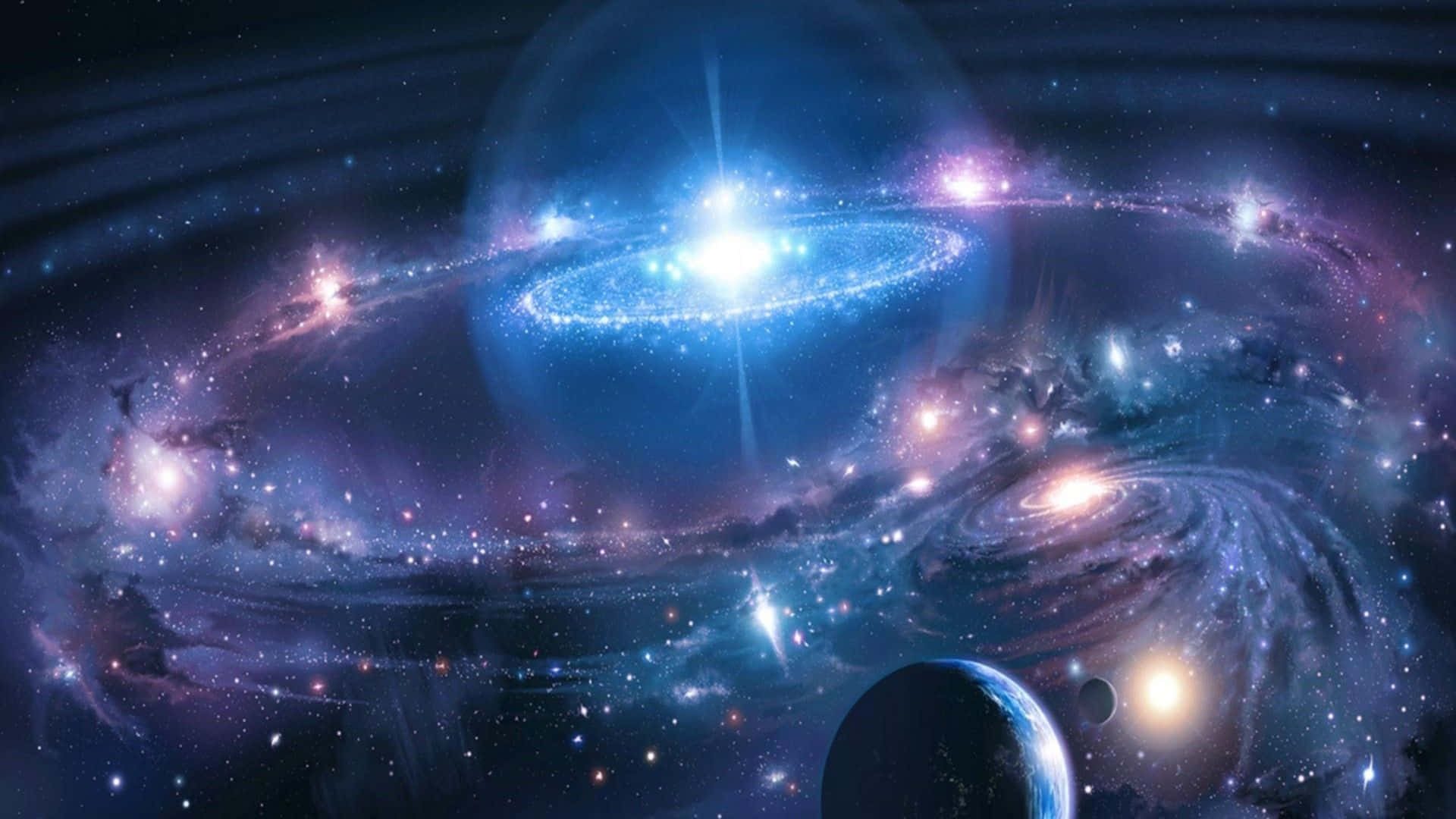 Cool Space 桌布 壁紙 — 一個令人嘆為觀止的宇宙場景，呈現出旋轉的星系，散發著藍色和紫色的光芒，周圍環繞著恆星和行星。