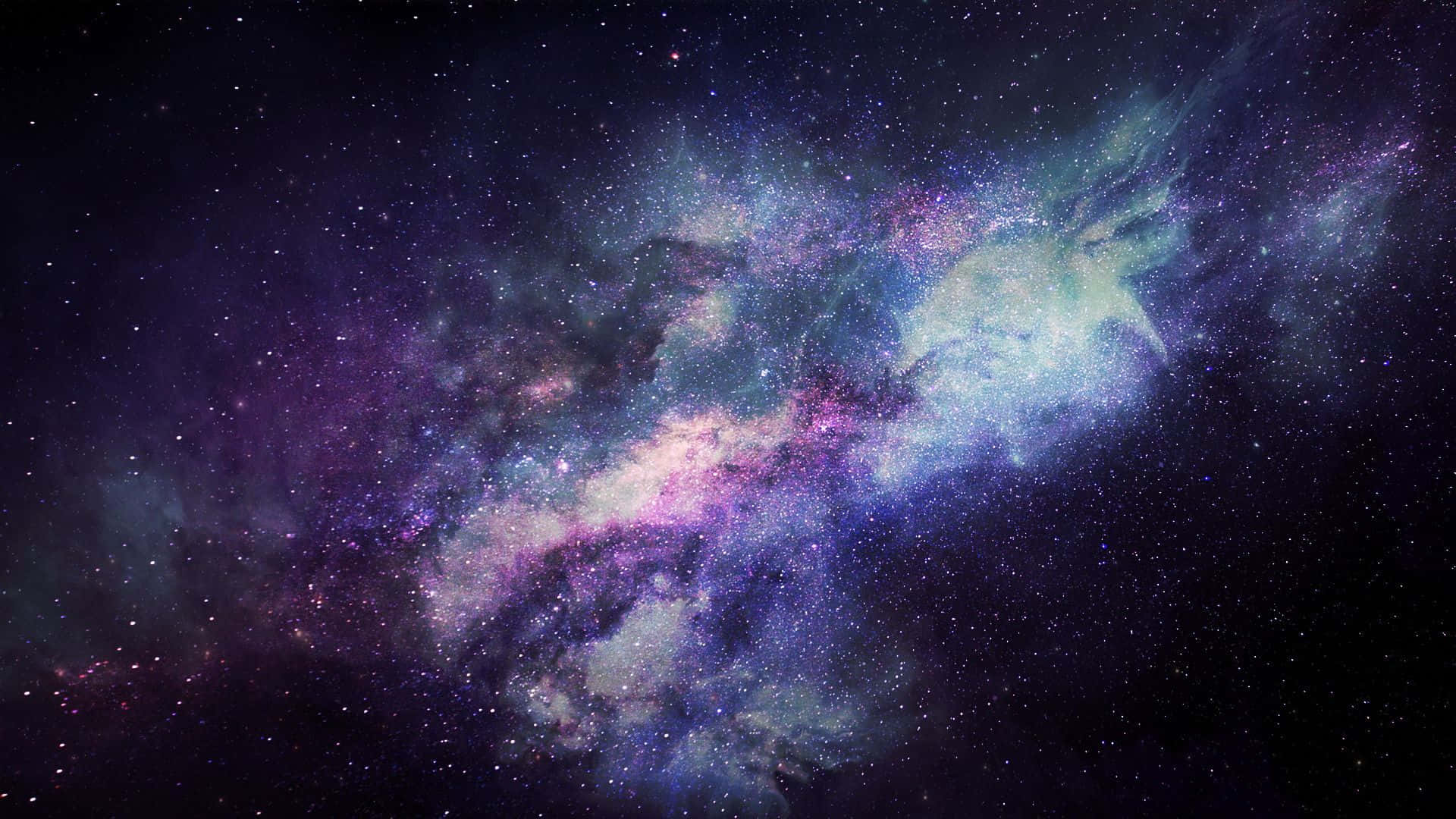 Galaxy Poster 桌布 壁紙 — 一個令人嘆為觀止的宇宙星雲景觀，在星空中散發著紫色、藍色和粉紅色的光芒。