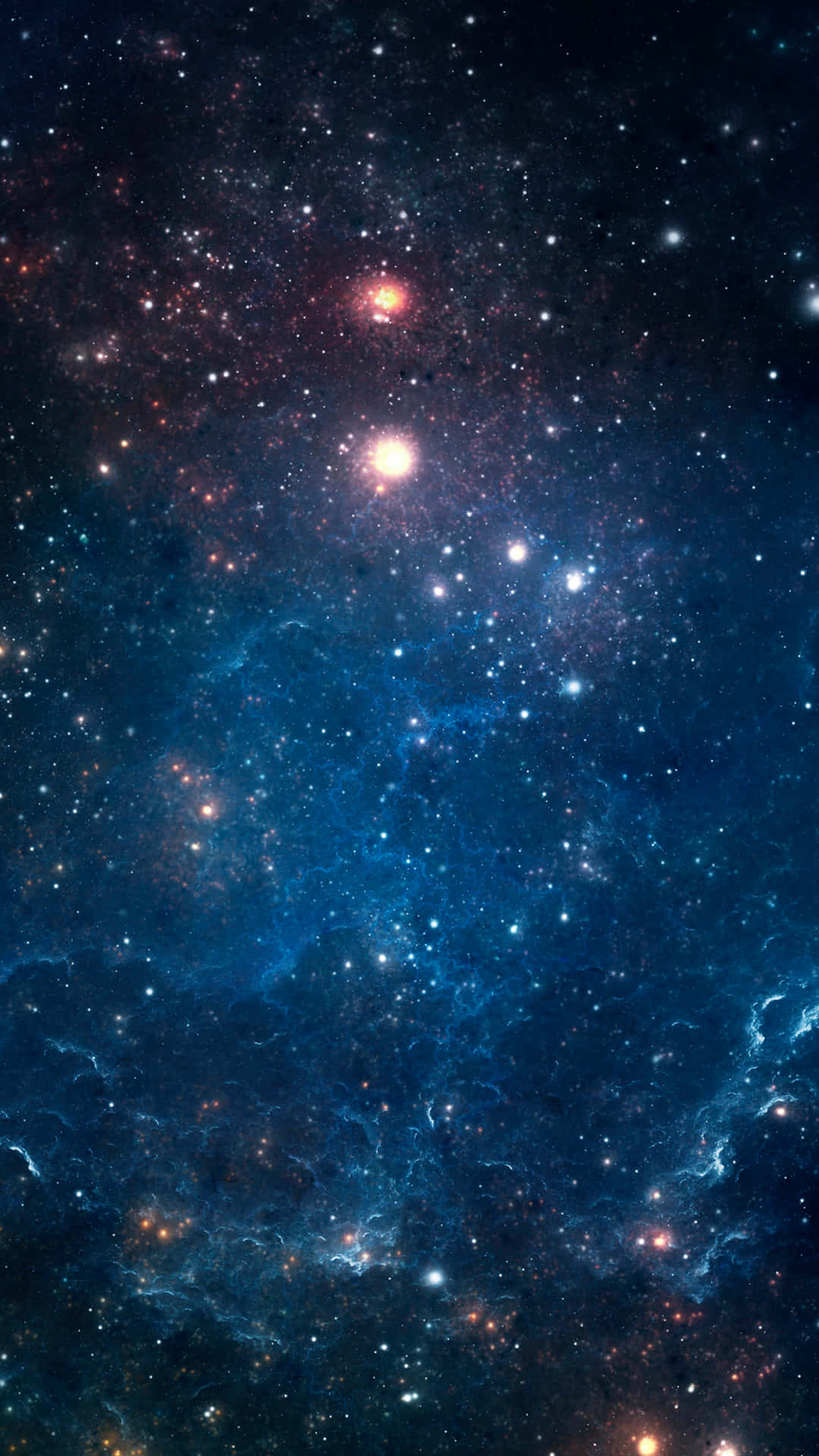 Space Phone 桌布 壁紙 — 一個令人嘆為觀止的宇宙星雲景觀，在深邃的黑色虛空中，散發著電光藍色和火熱橙色的星光。