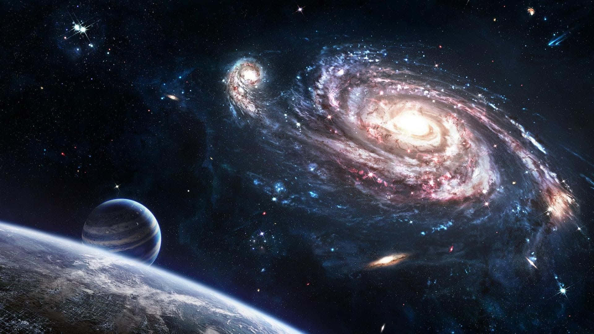 Earth Science 桌布 壁紙 — 一個令人嘆為觀止的宇宙景觀，呈現一個充滿活力的螺旋星系，散發著粉紅色和藍色的色調，旁邊還有一顆行星和一個遙遠的衛星，背景是繁星點點的虛空。