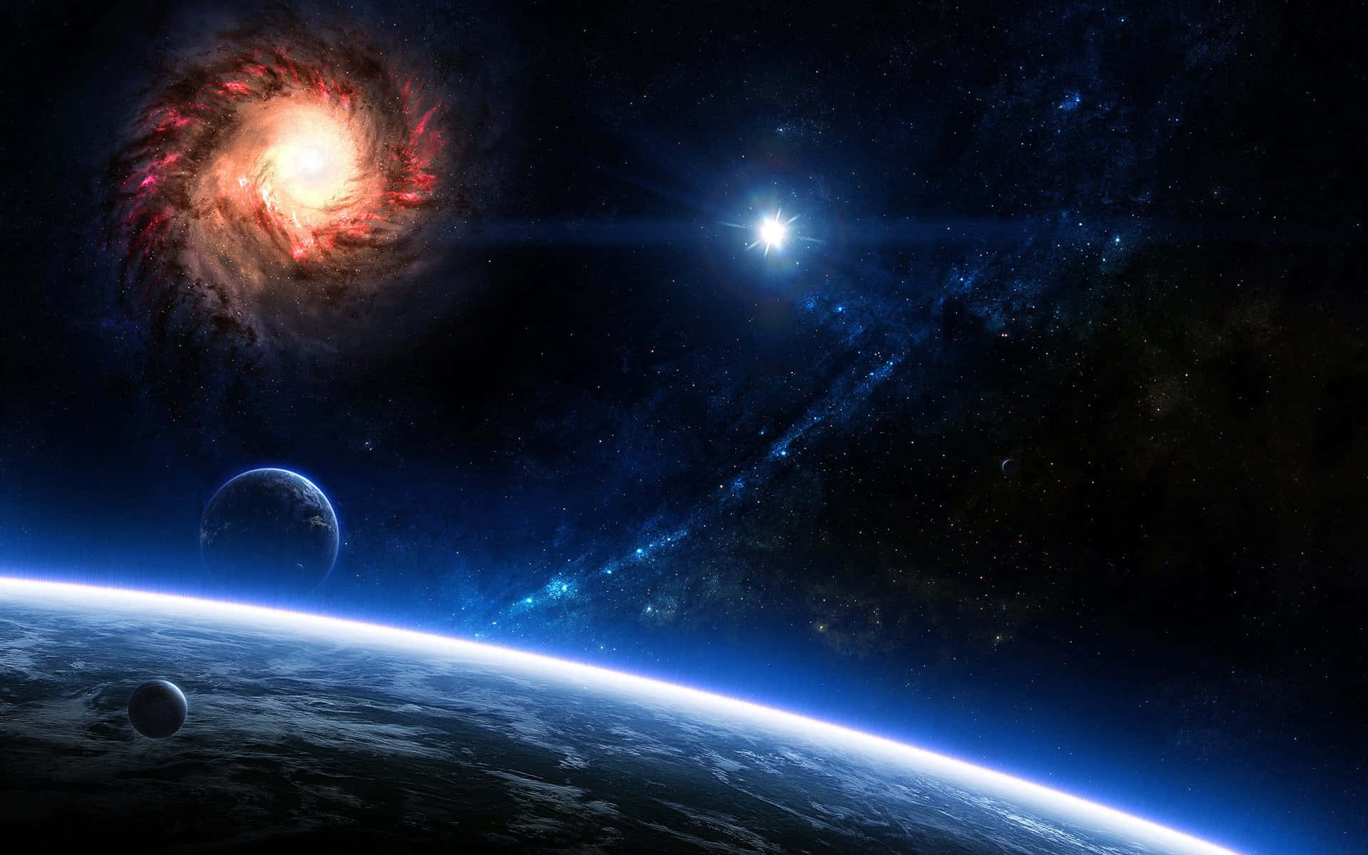 3d Galaxy 桌布 壁紙 — 一個令人嘆為觀止的宇宙景觀，展示了一個發光的螺旋星系、一顆明亮的恆星以及行星在佈滿星空的深藍色虛空中運行。