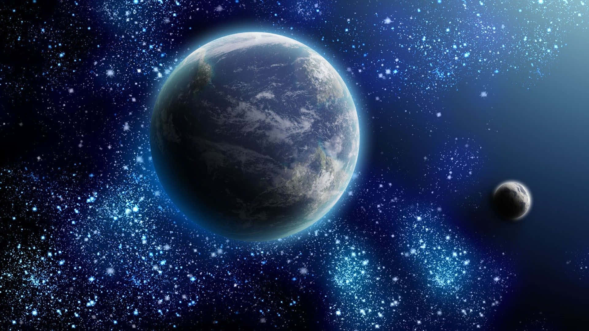月亮與星星動畫 桌布 壁紙 — 一個令人嘆為觀止的景色，地球和它的月亮在佈滿星星的宇宙藍色廣闊空間中閃耀。